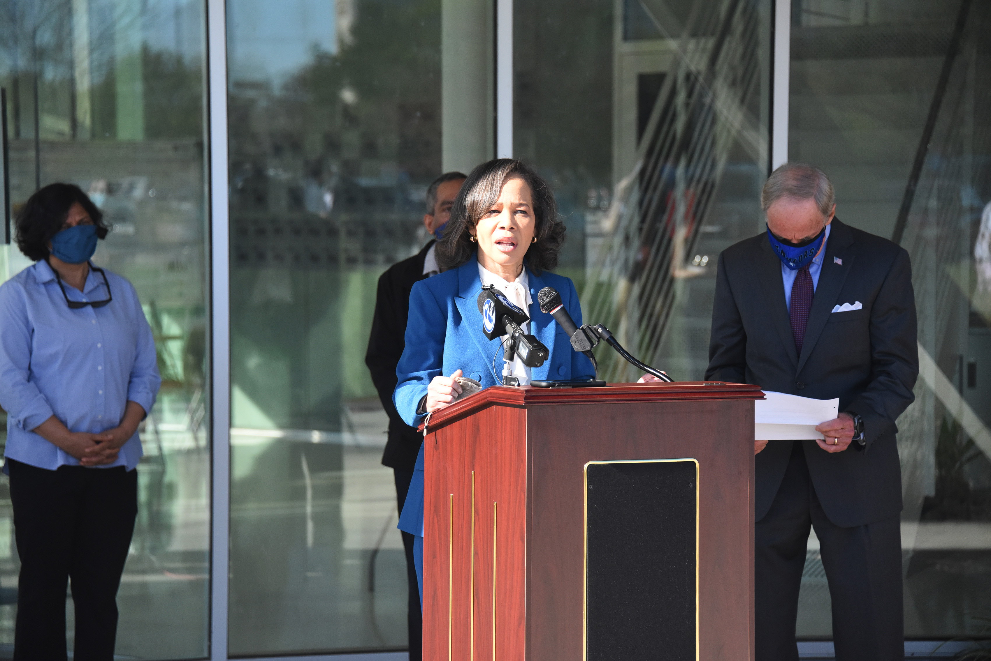 U.S. Rep. Lisa Blunt Rochester speaks during a visit by the Congressional Delegation to celebrate the Department of Defense grant award to Del State to establish a Quantum Sensing Center on campus. In the background (l-r) are the center's co-directors Dr. Renu Tripathi and Dr. Gour Pati, as well as U.S. Sen. Tom Carper.