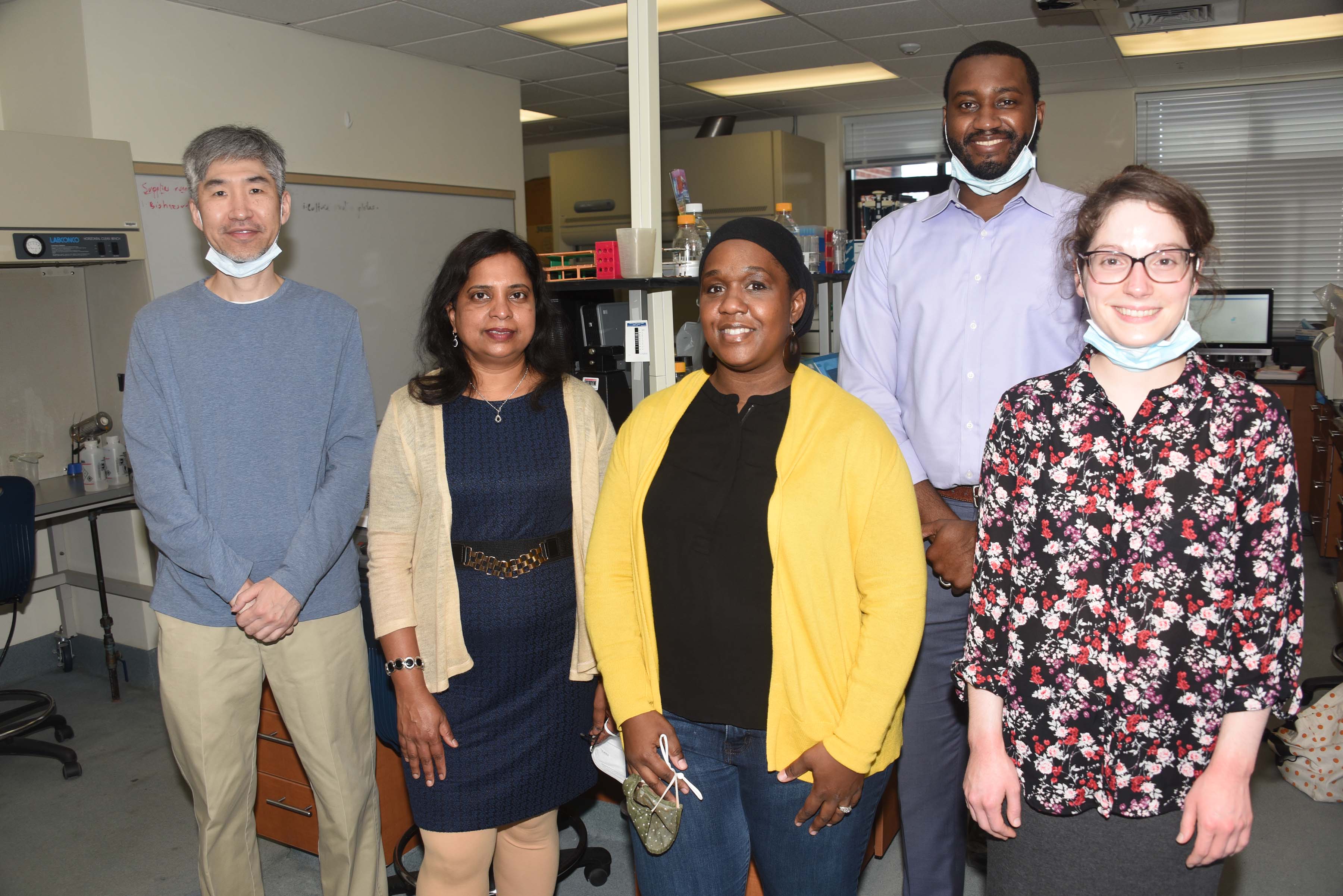 The DNA Core Center team: (l-r) Dr. Jung-lim Lee, associate professor and center director; Dr. Kalpalatha Melmaiee, associate professor, Dept. of Agriculture and Natural Resources (AGNR); Dr. Antonette Todd, research fellow, AGNR; Dr. Derrick Scott, associate professor, Dept. of Biological Sciences; and Ms. Gin Accumanno, center sequencing manager.