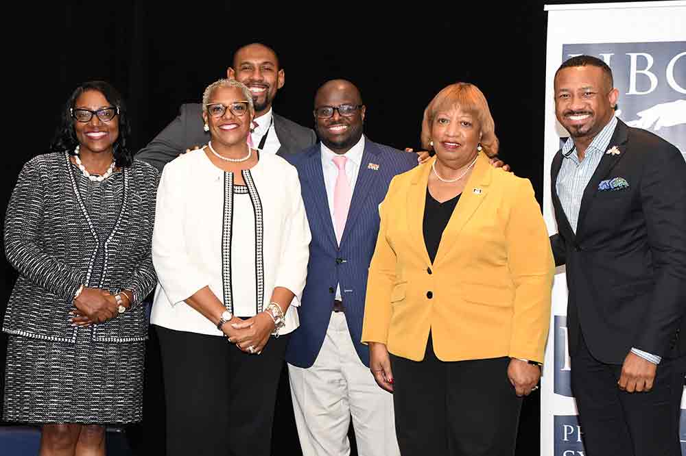 (L-r) Dr. Vita Pickrum, VP of University Advancement, stands with Presidents' Panel participants Norfolk State University President Javaune Adams-Gaston, George Suttles (moderator), Delaware State University President Tony Allen, Medgar Evers College President Patricia Ramsey, and Morris Brown College President Kevin James during the HBCU Philanthropy Symposium hosted by the University and held at the National Harbor in Maryland.