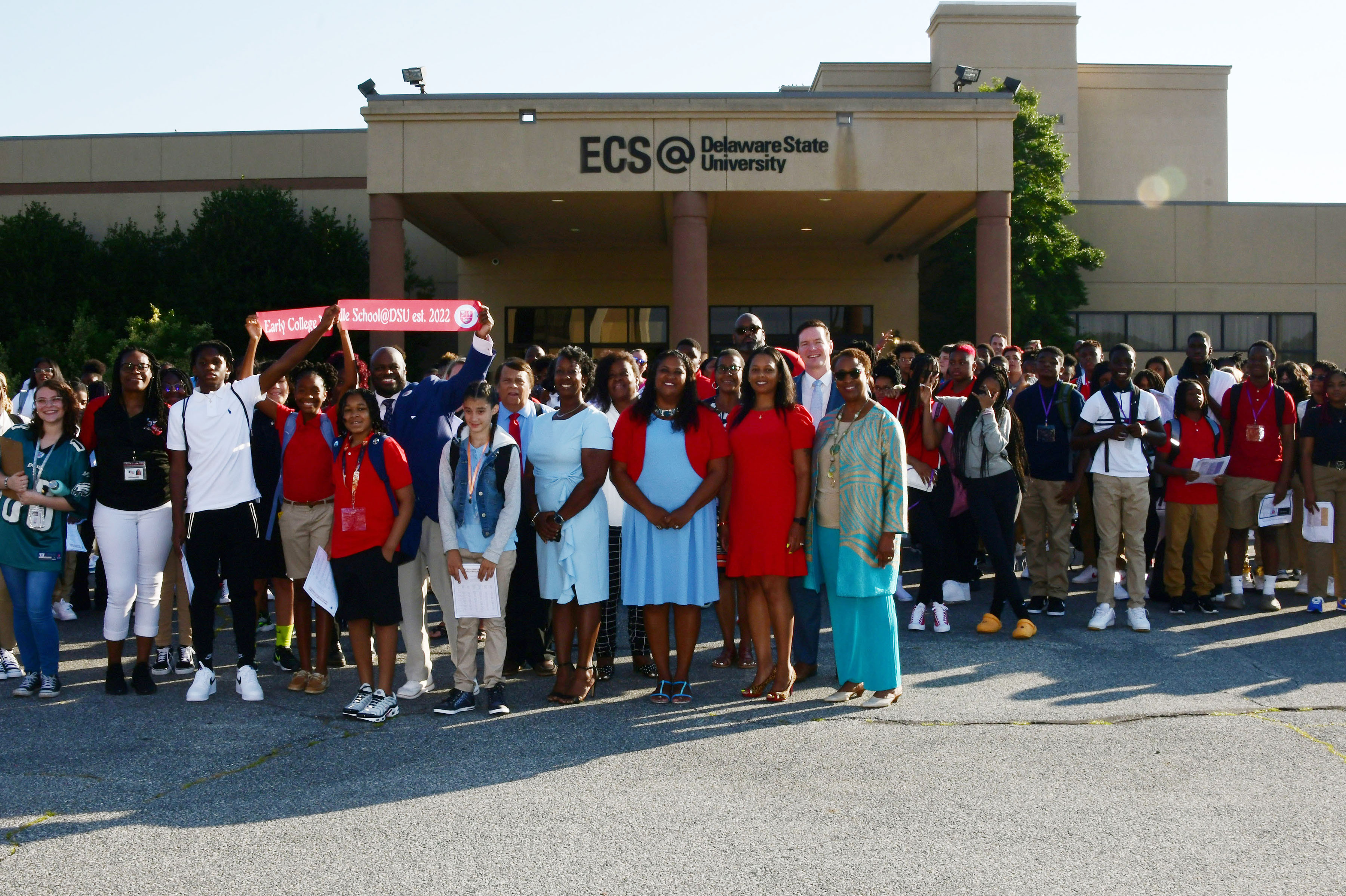 Administrators and teachers greeted more than 150 students as the inaugural classes of the Delaware State College's Early College Middle School began its first day with a Aug. 25 ribbon-cutting ceremony.