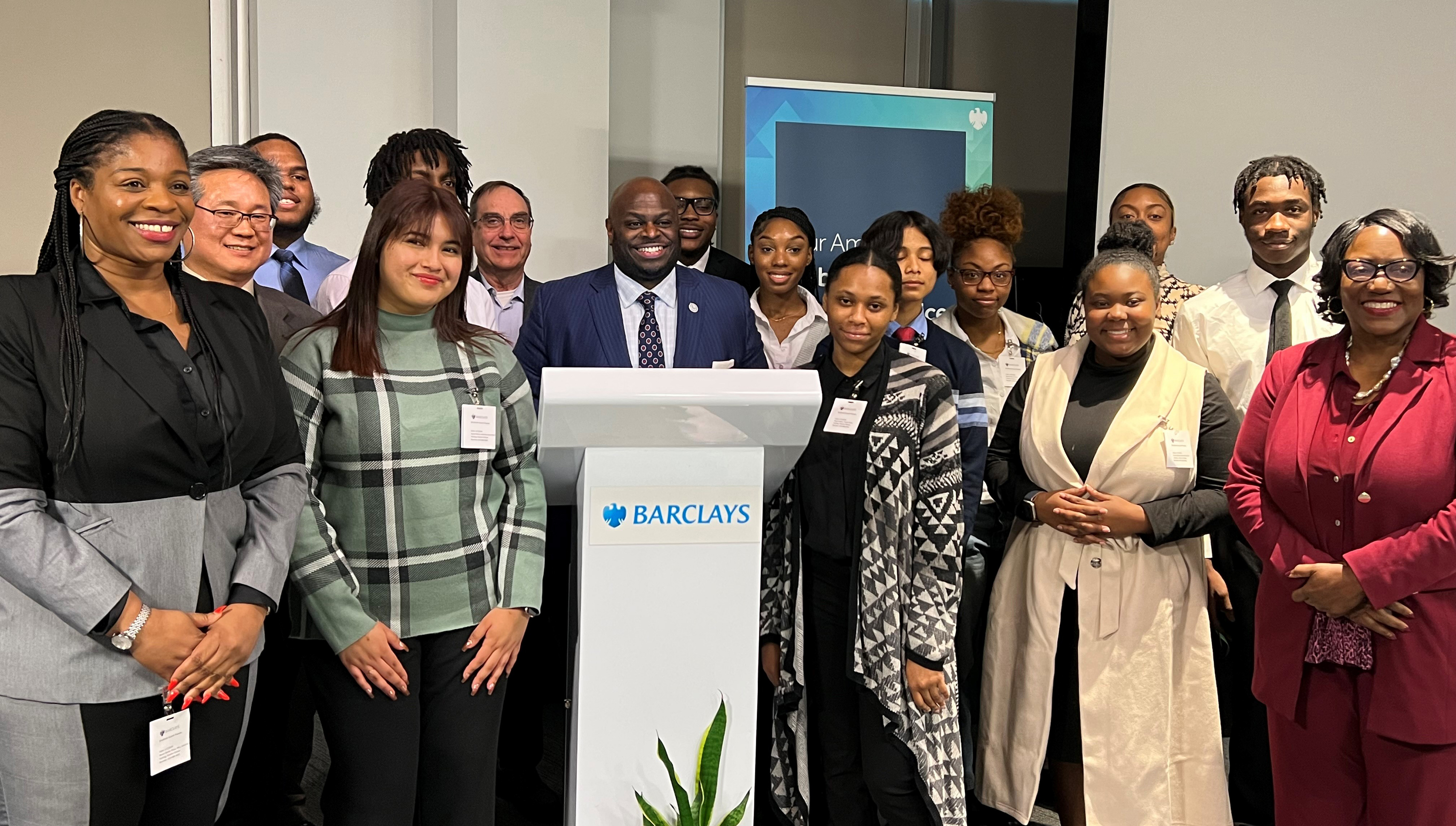 College of Business students pose with University President Tony Allen (center) and other administrators during a Feb. 7th day of activities at Barclays US Consumer Bank in Wilmington.