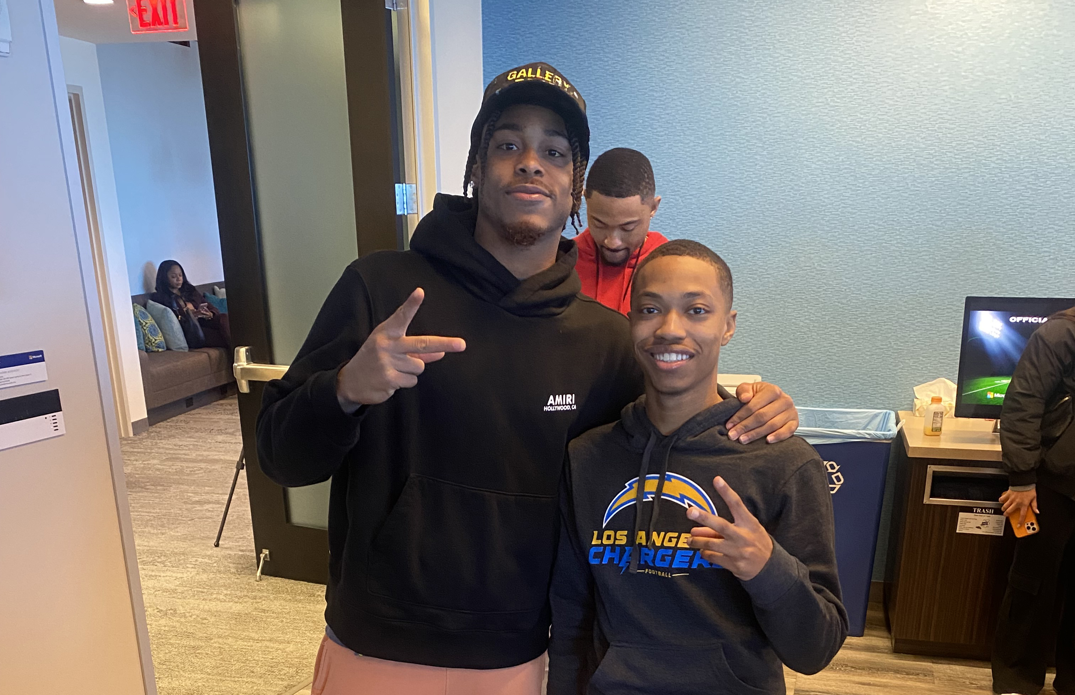 Minnesota Vikings star wide received Justin Jefferson poses with junior Sports Management major Christopher Webb during Super Bowl Week in Glendale, Ariz. Webb won the trip through a NFL video competition.