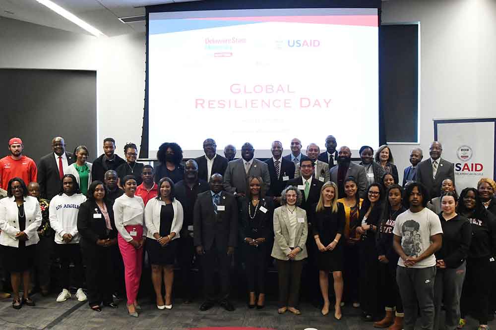 Taking a pause for a photo cause, the attendees of the Global Resilience Day Conference gathered for a group shot in the Martin Luther King Jr. Student Center.