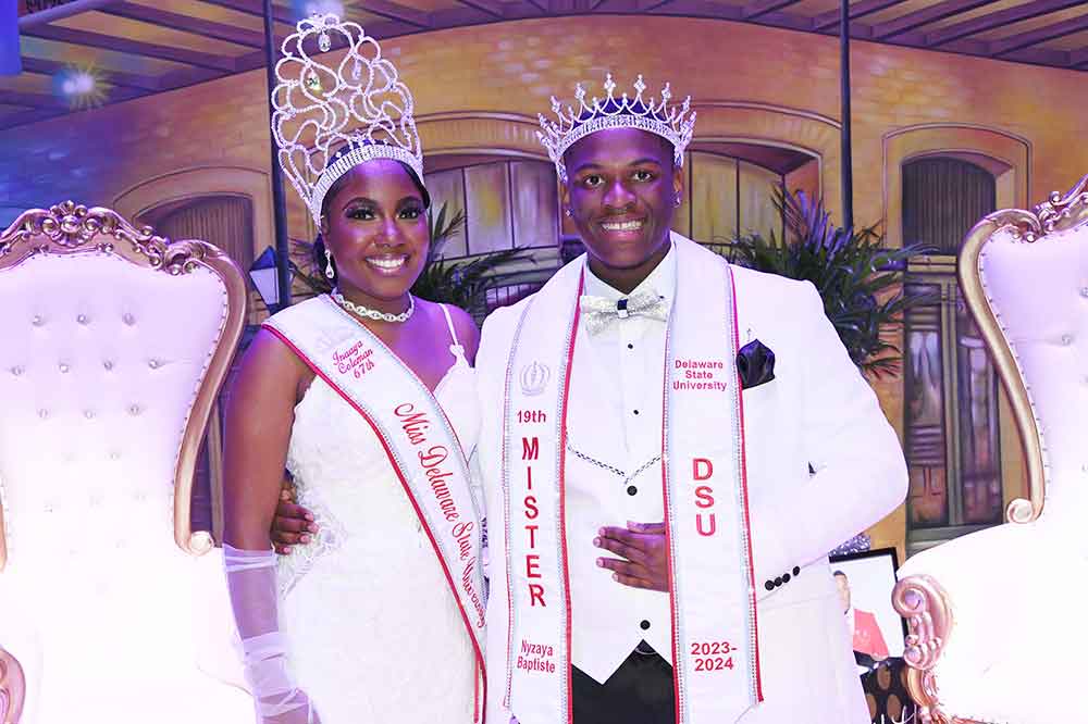 Inaaya Coleman (l) and Nyzaya Baptiste were officially crowned as the 2023-24 Mr. and Miss DSU during the Oct. 15 Coronation Ceremony in the Education and Humanities Theatre.