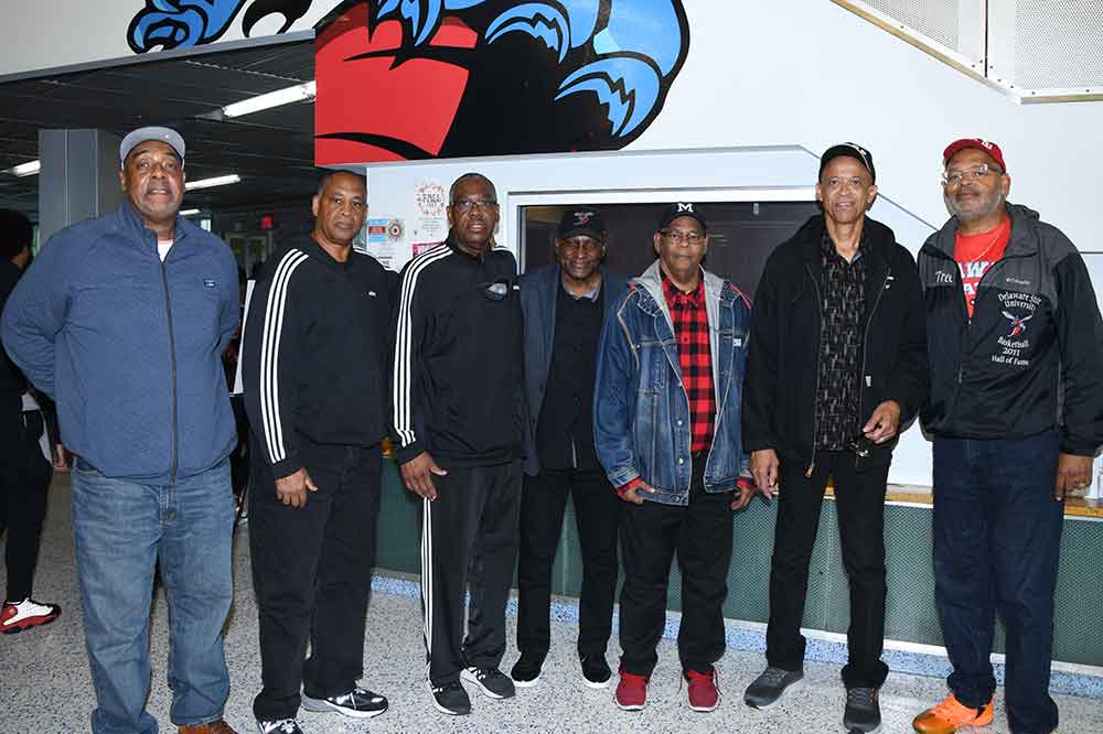 The famed 1975 Hornet Men's basketball team reunited during Homecoming Saturday in the Martin Luther King Jr. Student Center. (L-r) Mickey Fonville, Lionel Montique, Wade Pittman, Sam Shepherd, Ronnie Smith, Fred Simmons, and James Roundtree.