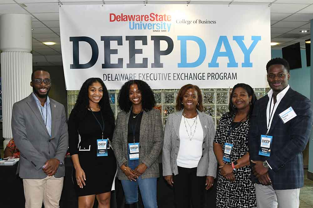 As in previous years, College of Business alumni gave back by sharing their executive experiences during DEEP Day. (L-r) the participating alumni included Usman Tijani ('20), Coreia Benson ('21 and '22), Britanny Douglas ('15), Sonia Spruill ('88), Kimberly Henderson ('96), and Terence Baker ('12)