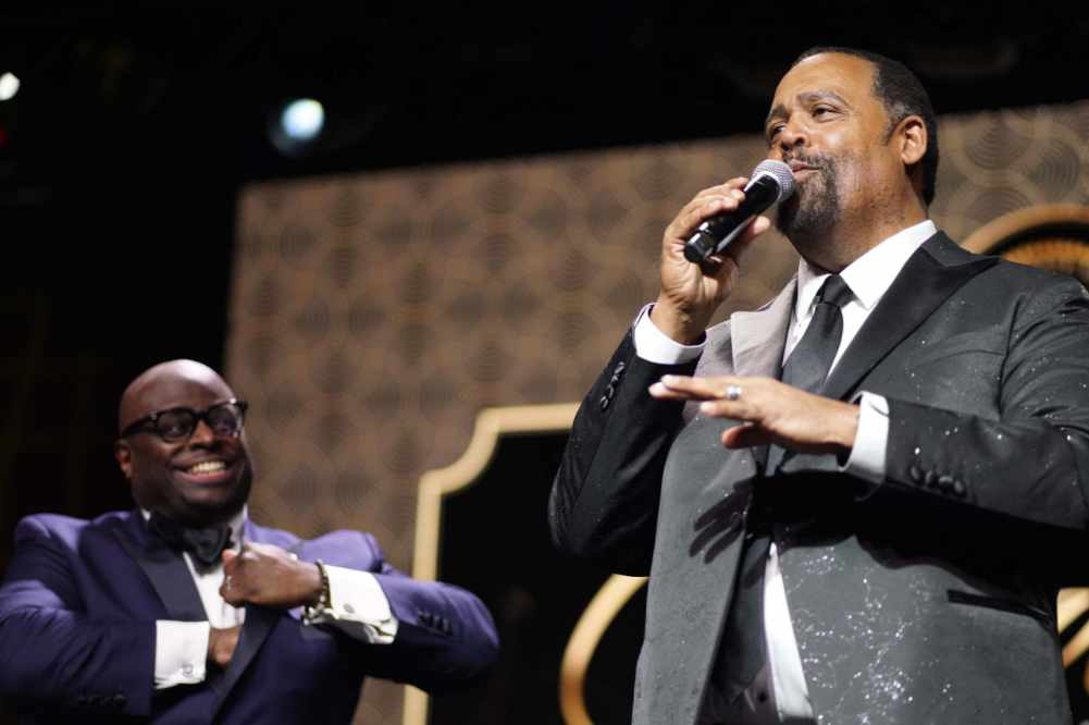 DSU alumnus Steven Ewing (r) announced his donation of $1 million to Delaware State University as DSU President Tony Allen listens with appreciation and gratitude.