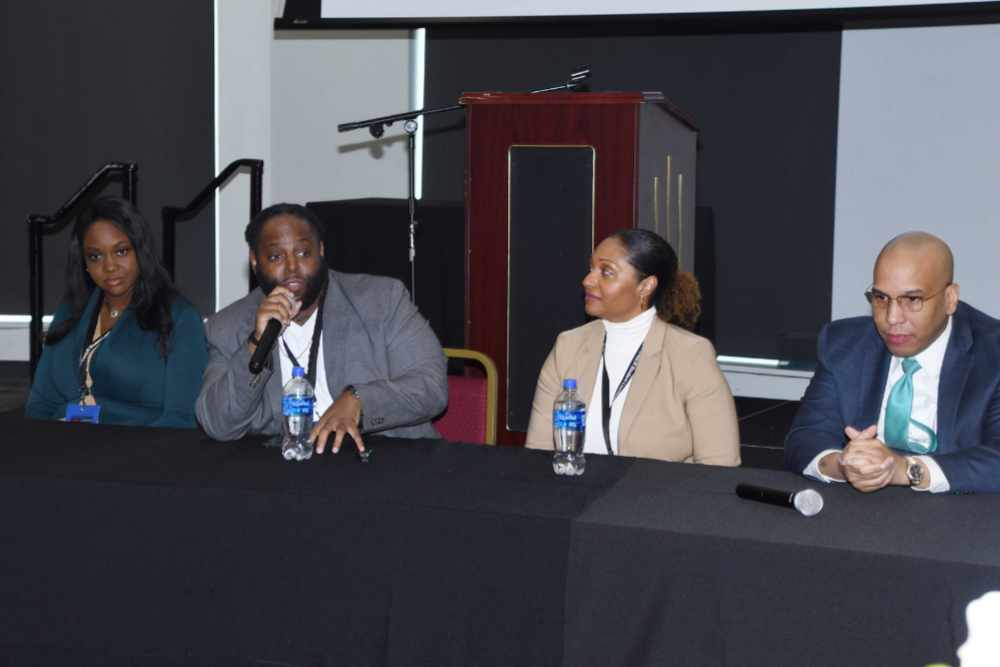 The Empower Student Leadership Conference featured a panel discussion on the subject "Unveiling Leadership: The Leader Within..." that included (l-r) Wenona Sutton, Director of The Warehouse, a teen center in Wilmington; Malcolm Coley, Chief Technology Officer for Futures First Gaming; Kia Williams, Managing Director of Braven in Delaware; and Jason Rodriguez, CEO of Prominent Insurance Services.