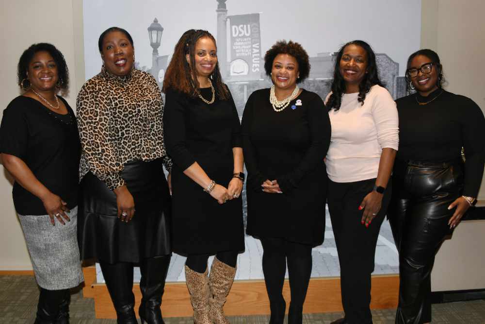 (L-r) Nikki Monroe-Hines, Teach For America (TFA) Managing Director of Strategic Initiatives; Sade Truitt, TFA Regional Board Member; Dr. Shelley Rouser, DSU Education Department Chair; Tamara N. Smith, TFA-DE Executive Director; Dr. Tina Mitchell, DSU Director, Office of Education Graduate Programs and ARTC/MAT Program Coordinator; and Maya Brown; TFA Recruitment Manager. This group is implementing the Alternative Route to Teaching Certification and Master of Arts in Teaching Program.
