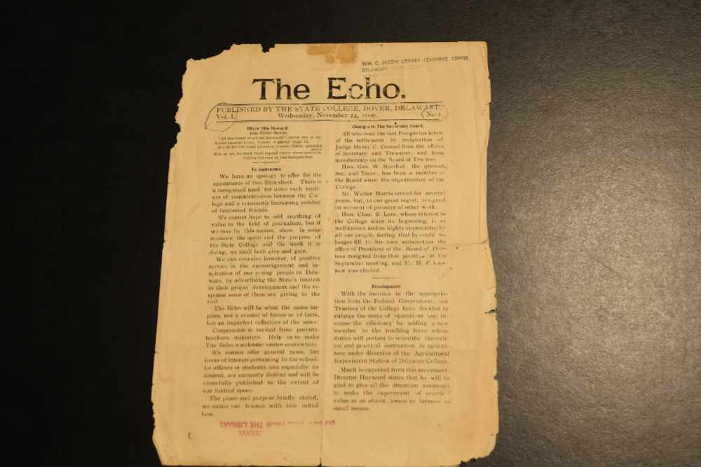 The first issue of The Echo was published on Nov. 24, 1909, and at first billed itself to show "the spirit and purpose of the State College and the work it is doing." However, The Echo, soon after its establishment, became a communication organ for the local churches and later began publishing articles of regional and national importance.