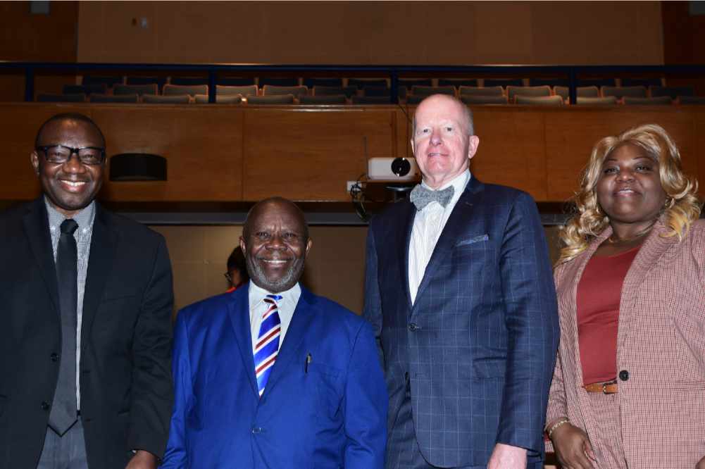 (L-r) Dr. Ohiro Oni-Eseleh, UD Social Work Program Director; Dr. Ezekiel Ette, DSU Chair of the Department of Social Work; Dr. Gary Henry, Dean of the UD College of Education and Human Development; and Dr. Gwendolyn Scott-Jones, Dean of the DSU Wesley College of Health and Behavioral Sciences, pose for a photo during the April 26 joint forum between the two institution entitled  "Celebrating Social Work in our Communities." 