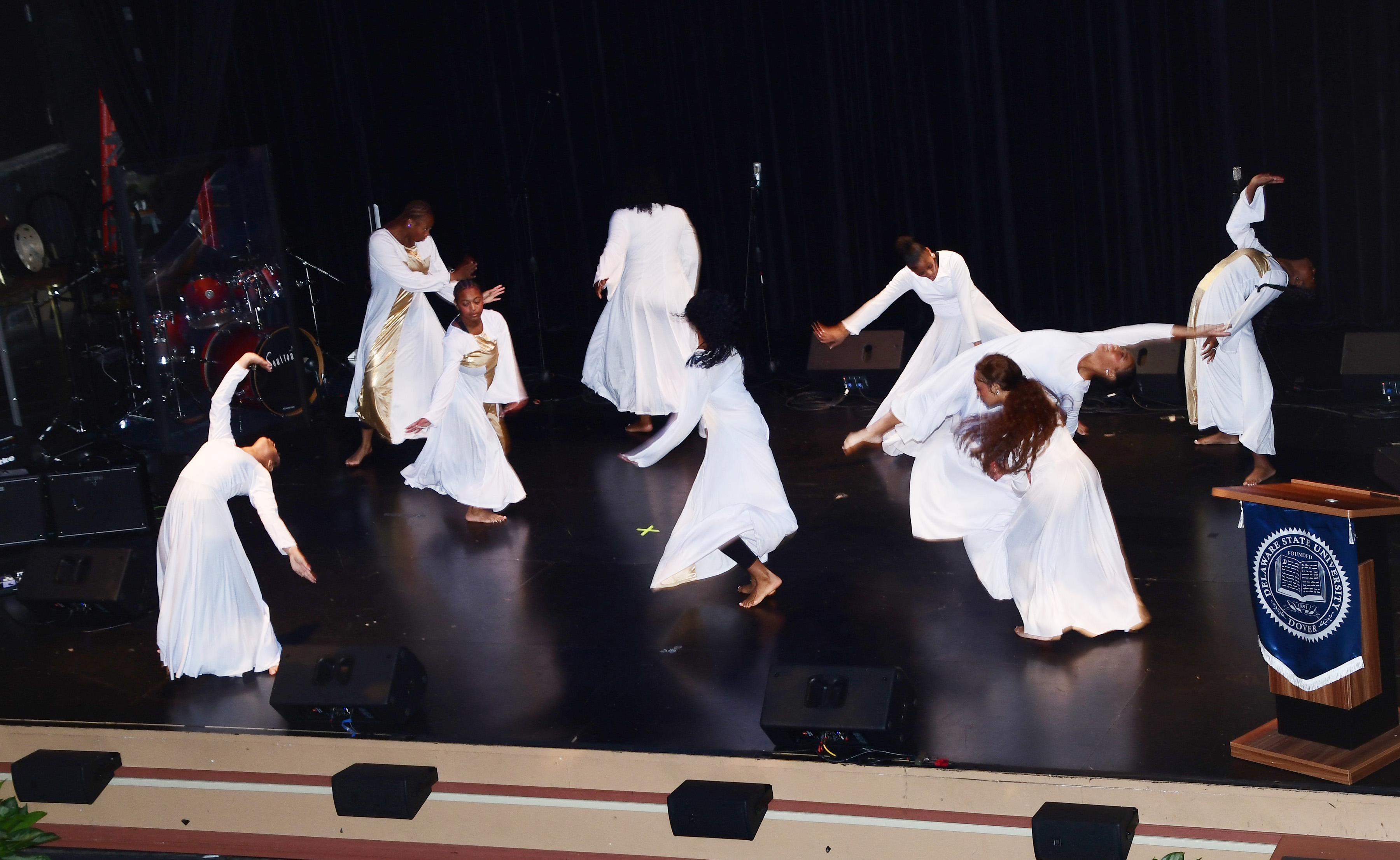 The DSU D'elegance Dance Team perform a dance ministry selection and the  Schwartz Center for the Arts stage during the DSU Prayer Service. 
