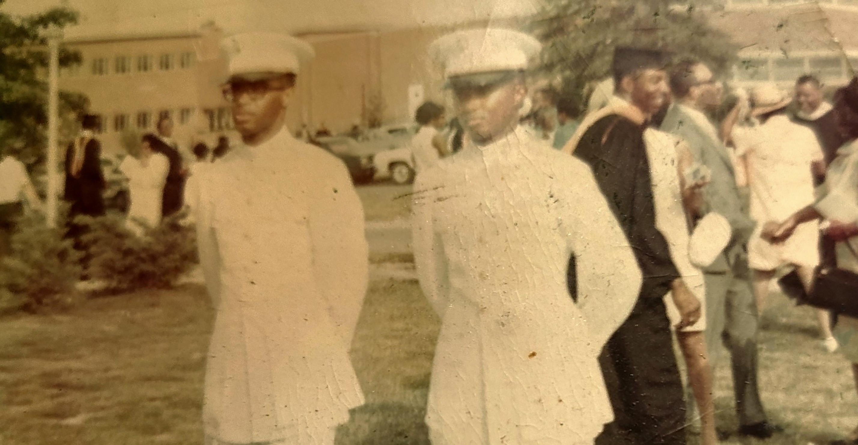 (L-r) Then-2nd Lieutenants Larry F. Potts and Charles "Butch" Hammond are shown in their dress military uniform after being official commissioned as Marine officers and graduating during the 1969 DSC Commencement Ceremony. As a 1st Lieutenant, Potts became the only Del State grad to lose his life in the Vietnam War. Mr. Hammond, who went on to serve as a 22-year Marine officer, has established a endowed scholarship in the name of Capt. Potts (who promoted to Captain while in Missing in Action status).