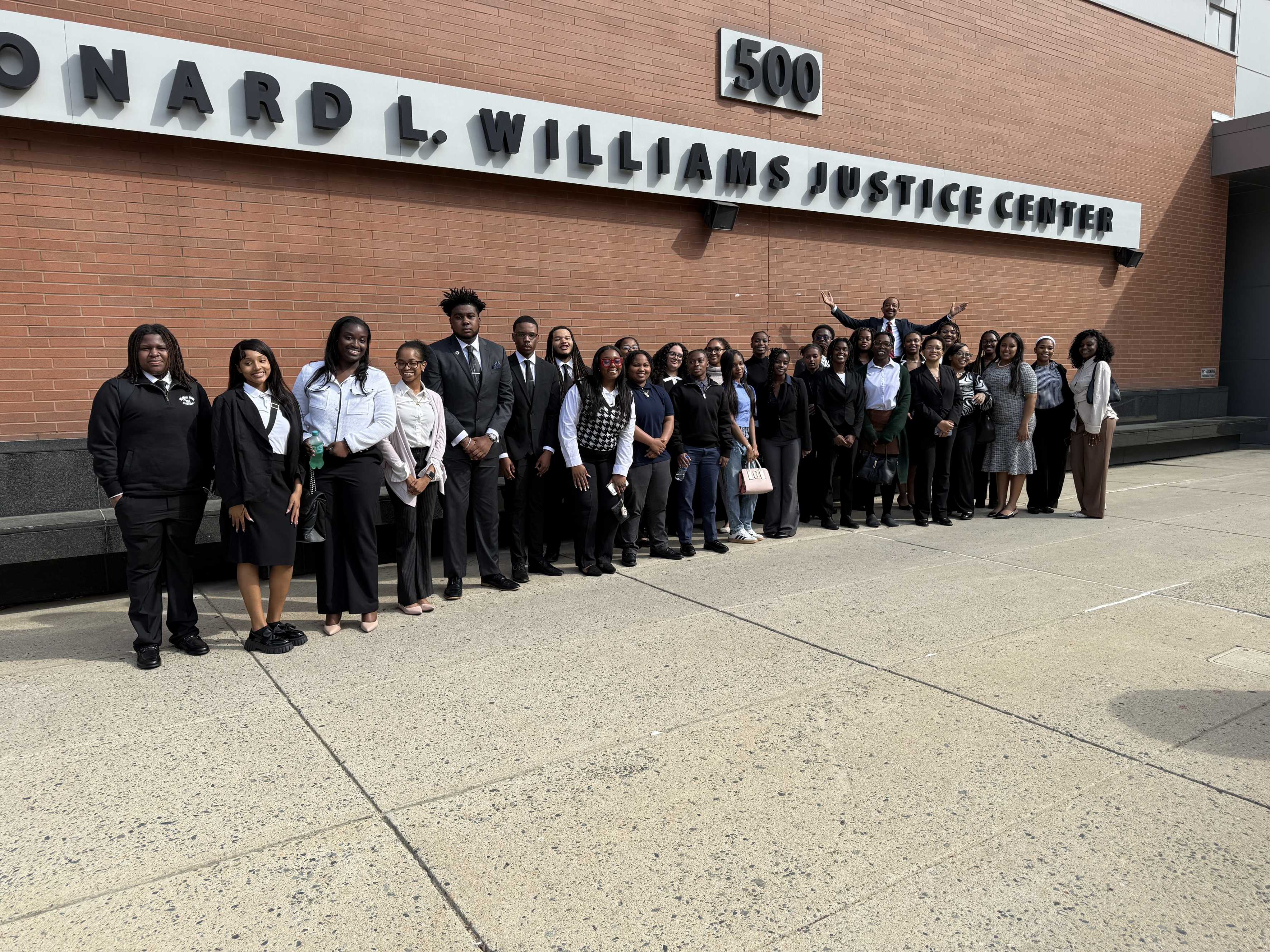 Delaware State University students outside the Leonard L. Williams Justice Center during a courtroom visit.