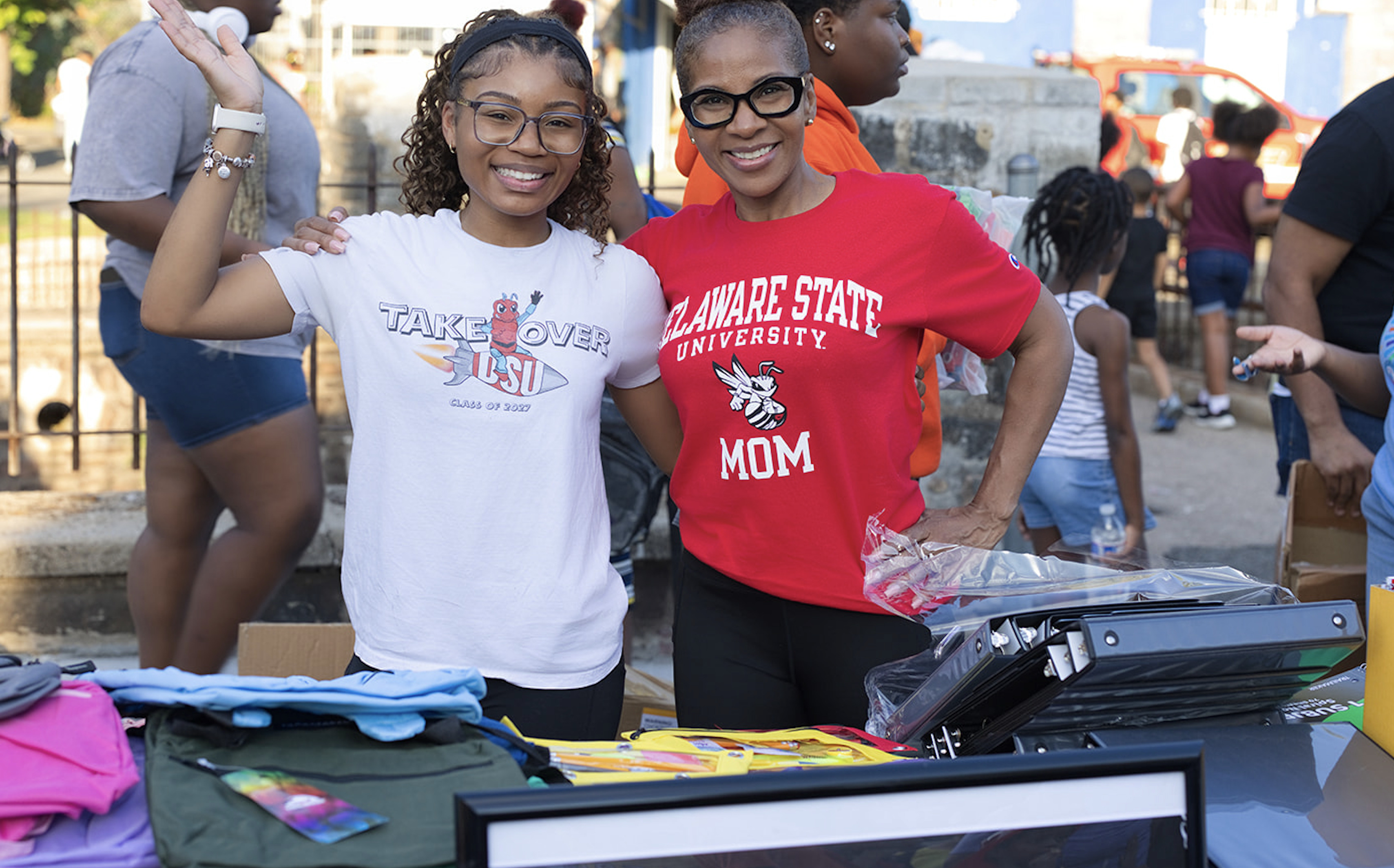 Victoria Wicker, a Delaware State University Law Studies major and member of the Class of 2027, poses with her mother during the back-to-school drive she organized in her hometown of Irvington, New Jersey.