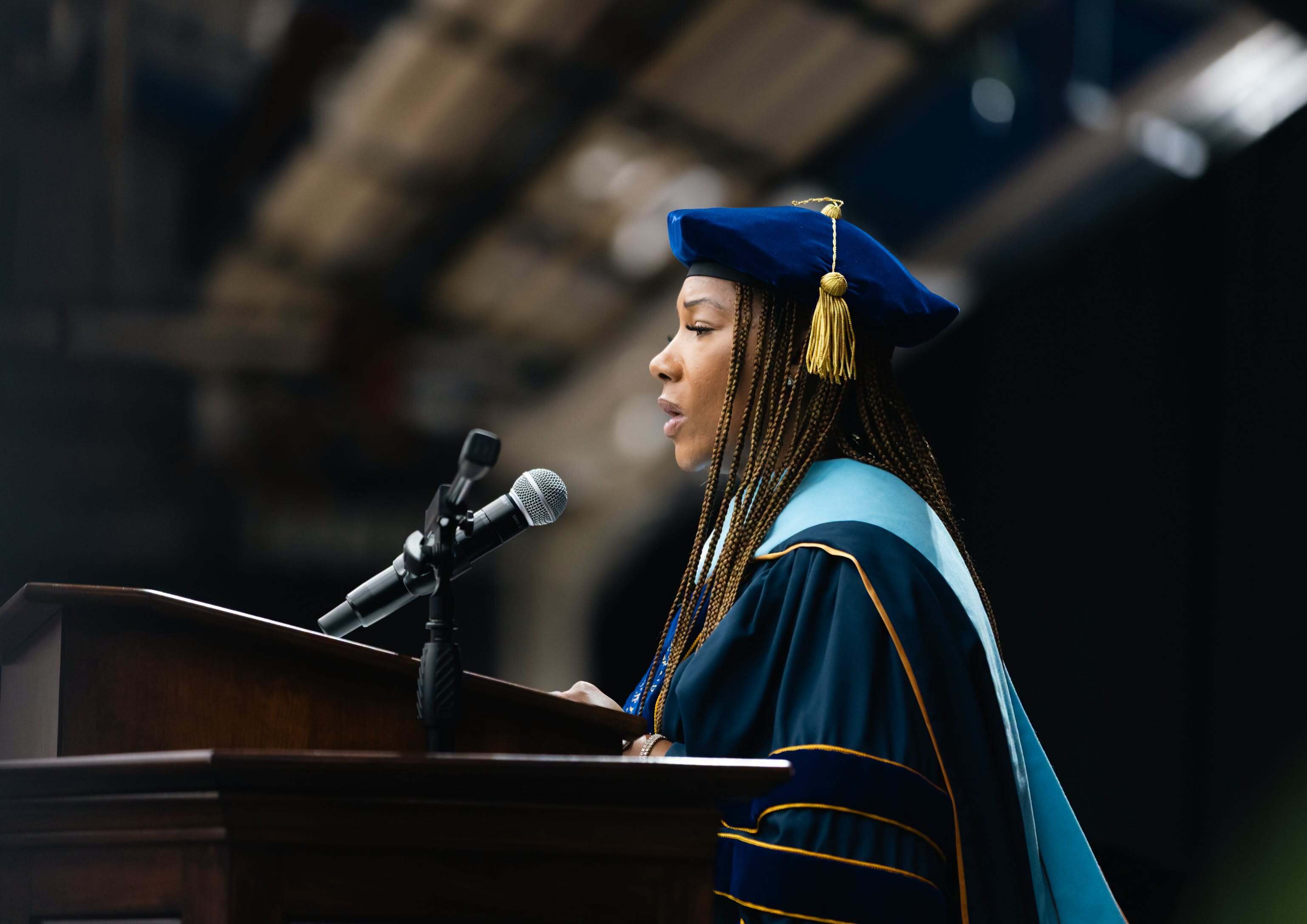 Keynote speaker Dr. Asya Johnson ’03 addresses the Class of 2030 during the 2026 Convocation.