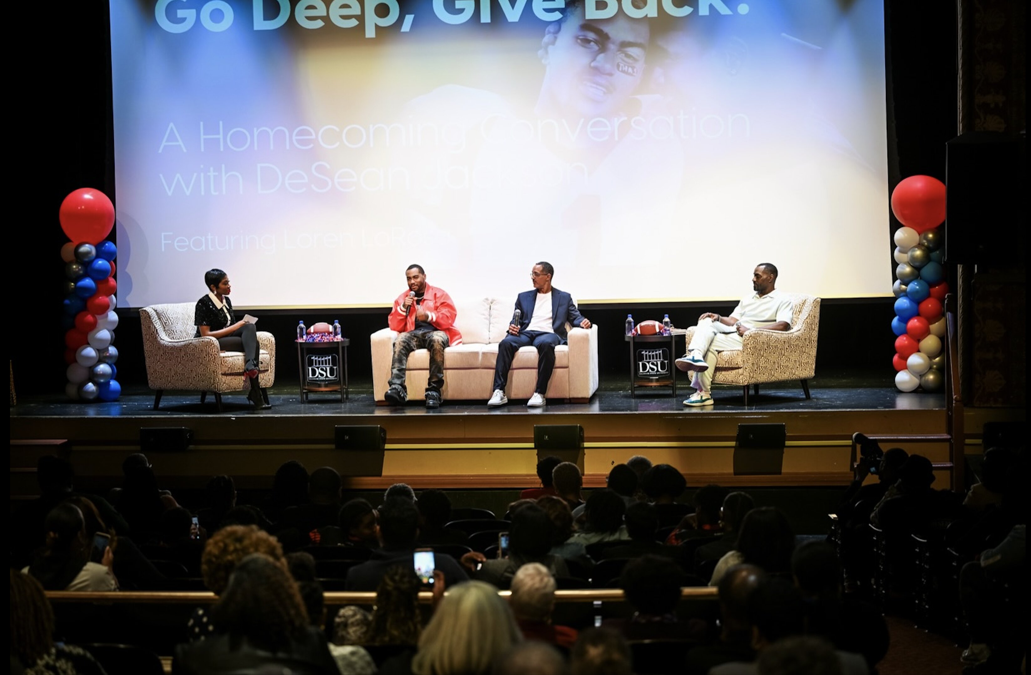 From left, moderator Loren LoRosa, DSU head football coach DeSean Jackson and his brother Byron Jackson discuss the documentary “Go Deep: The DeSean Jackson Story” at The Schwartz Center for the Arts.
