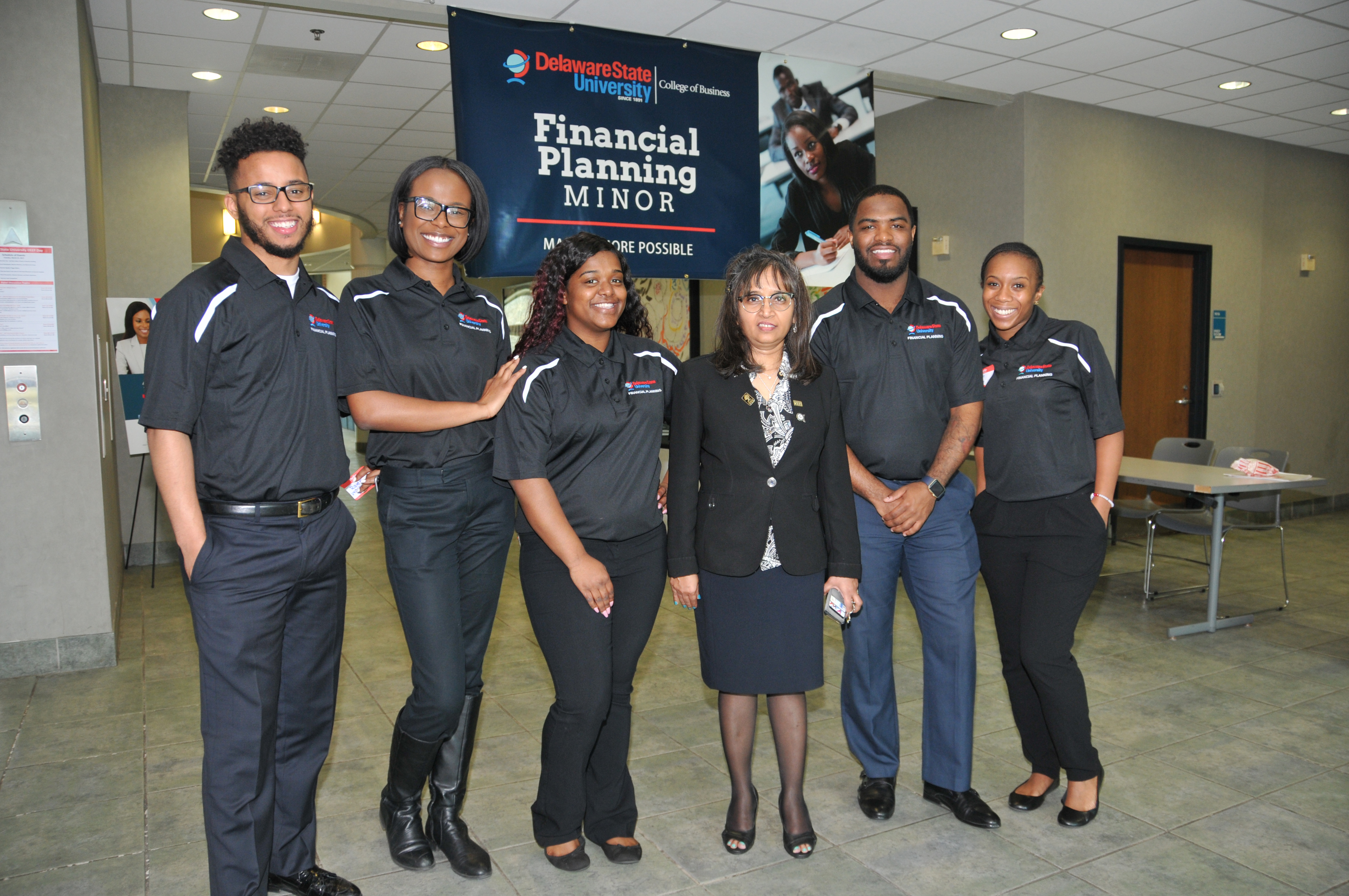 (L-r) Tabias Slaughter, Raven Wainwright, Whitney Douglas, Dr. Nandita Das, Reginald Adams and J'Lynn Drennan represent the founding instructor and students of the new Financial Planning minor.