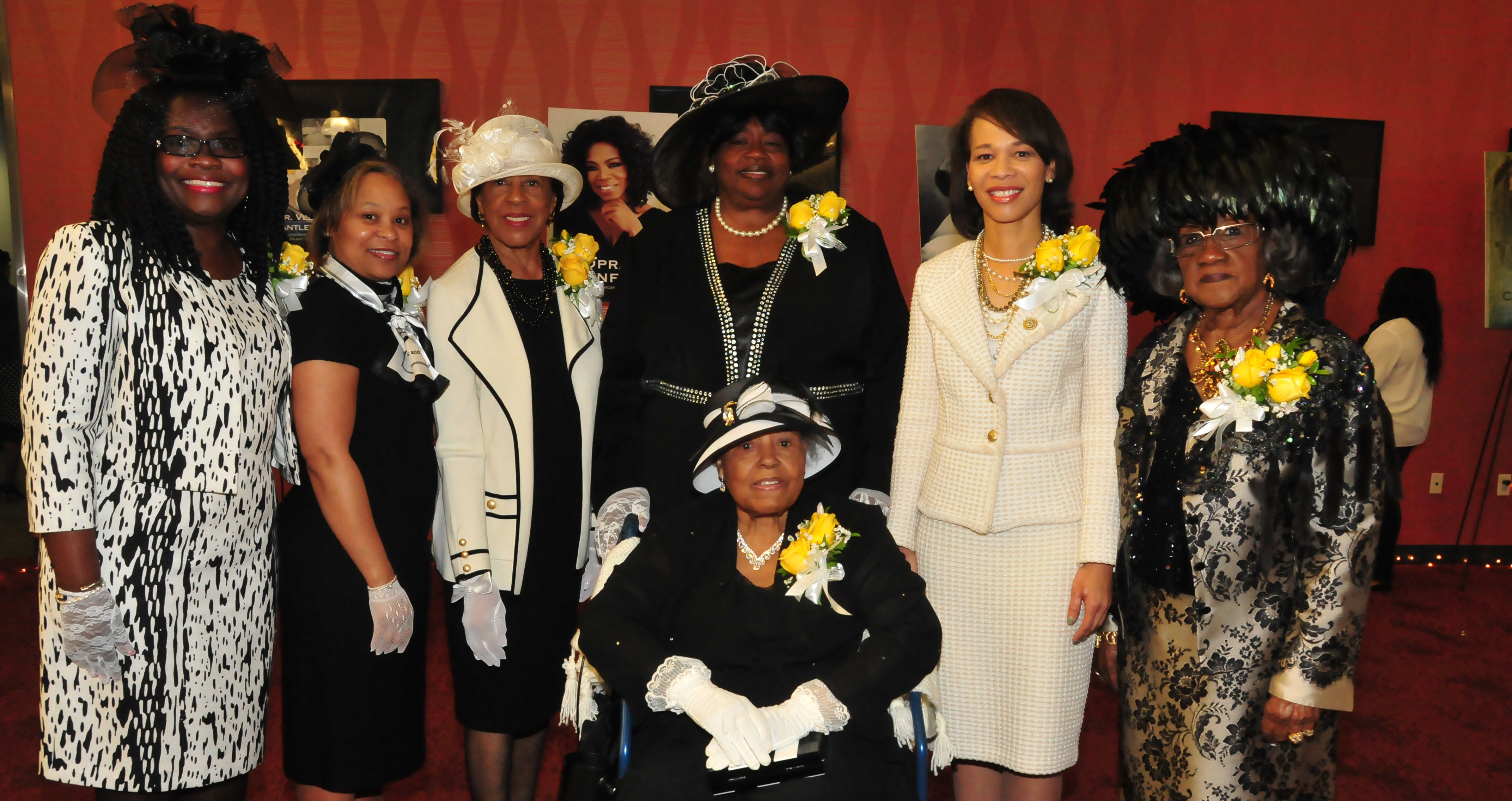 The co-chairs of the 2017 First Lady’s Hats and Gloves Tea with this year’s honorees: (seated in front) Mary Maloy Scott; (standing l-r) Co-chair Enid Wallace-Simms, DSU First Lady Dr. Robin Williams, honorees Dr. Lozelle De Luz, Bernice Edwards, U.S. Rep. Lisa Blunt Rochester, and co-chair Virginia L. Carson.