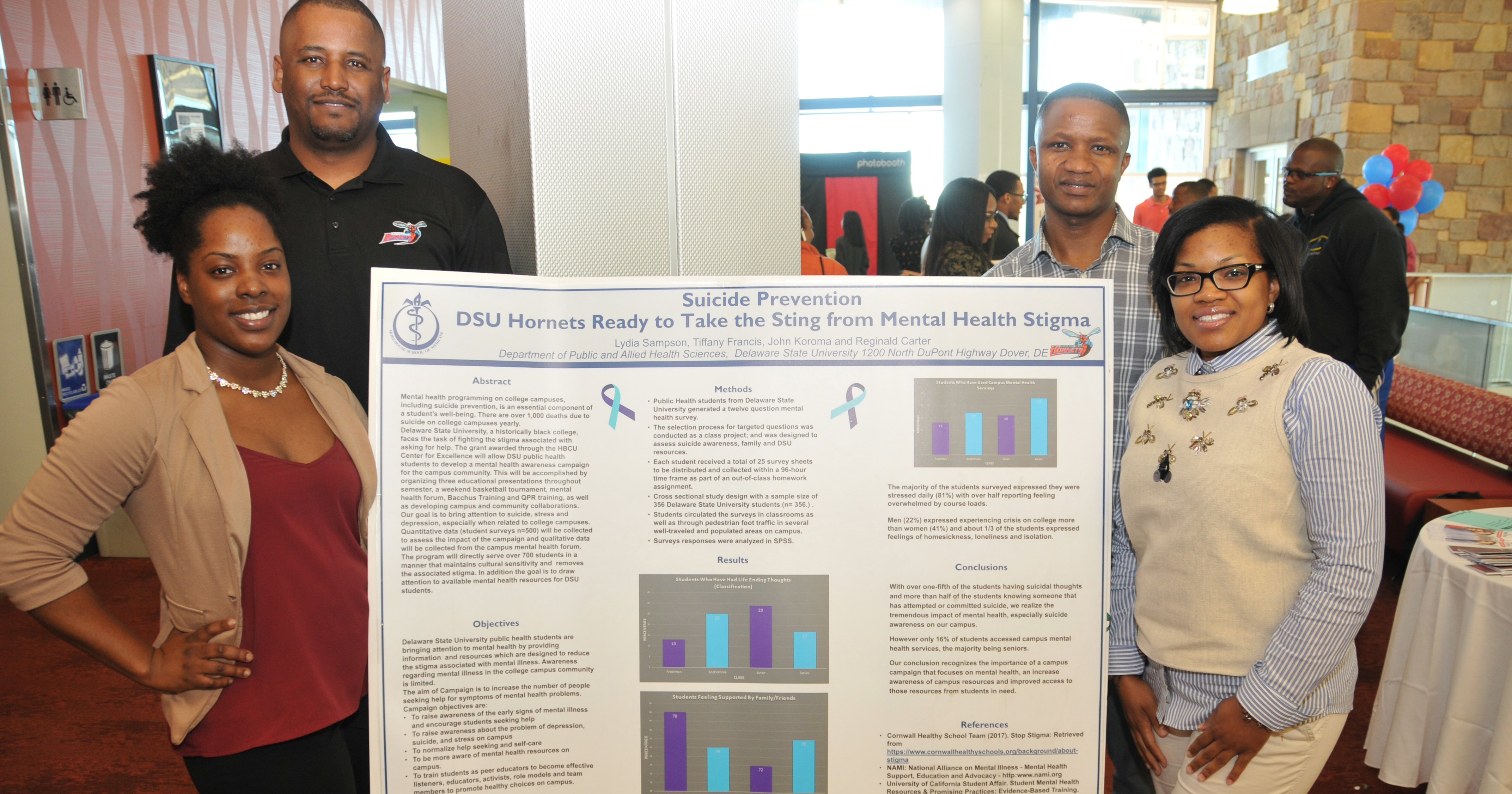 The first-place research poster winning team: (l-r) Lydia Sampson of Lewes, Del., Reginald Carter of Marydel, Md., John Koroma of Sierra Leone, West Africa, and Tiffany Francis of Middletown, Del. All are senior Public Health majors at DSU.