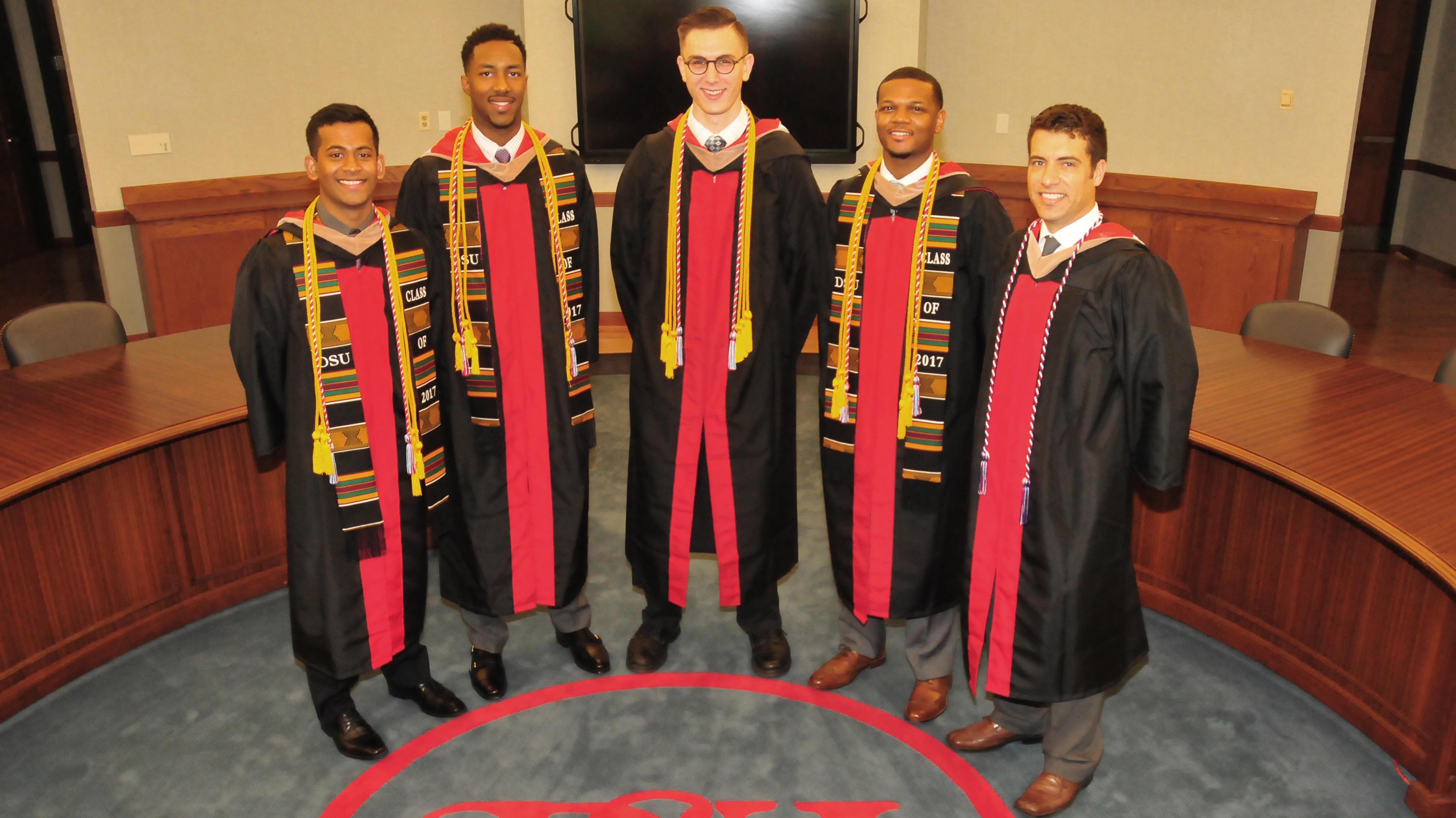 Aviation Program graduates and Hornet Flight Team members: (l-r) Pruthvianath Engula, Tevin Williamson, Paul Scherry, Chameron Chase and William Arters.