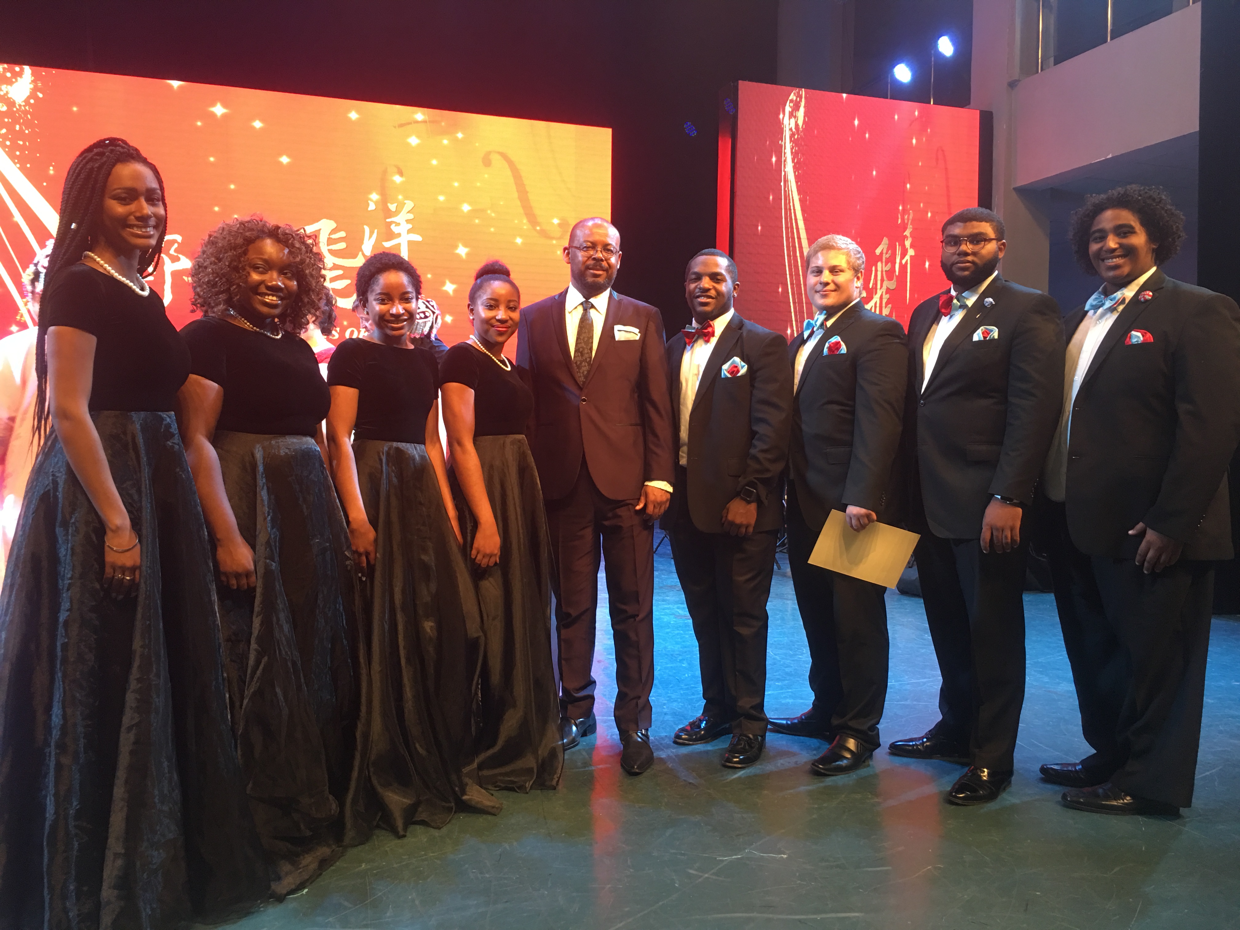 The DSU Singers in China – (l-r) Chelsea Taylor, Jaselah White, Jasmine Clementson, Cache Smith, Dr. Lloyd Mallory, Jr., Tylor Brown, Mitchell Clark, George Mensah, Jr., and Willie Shepherd.