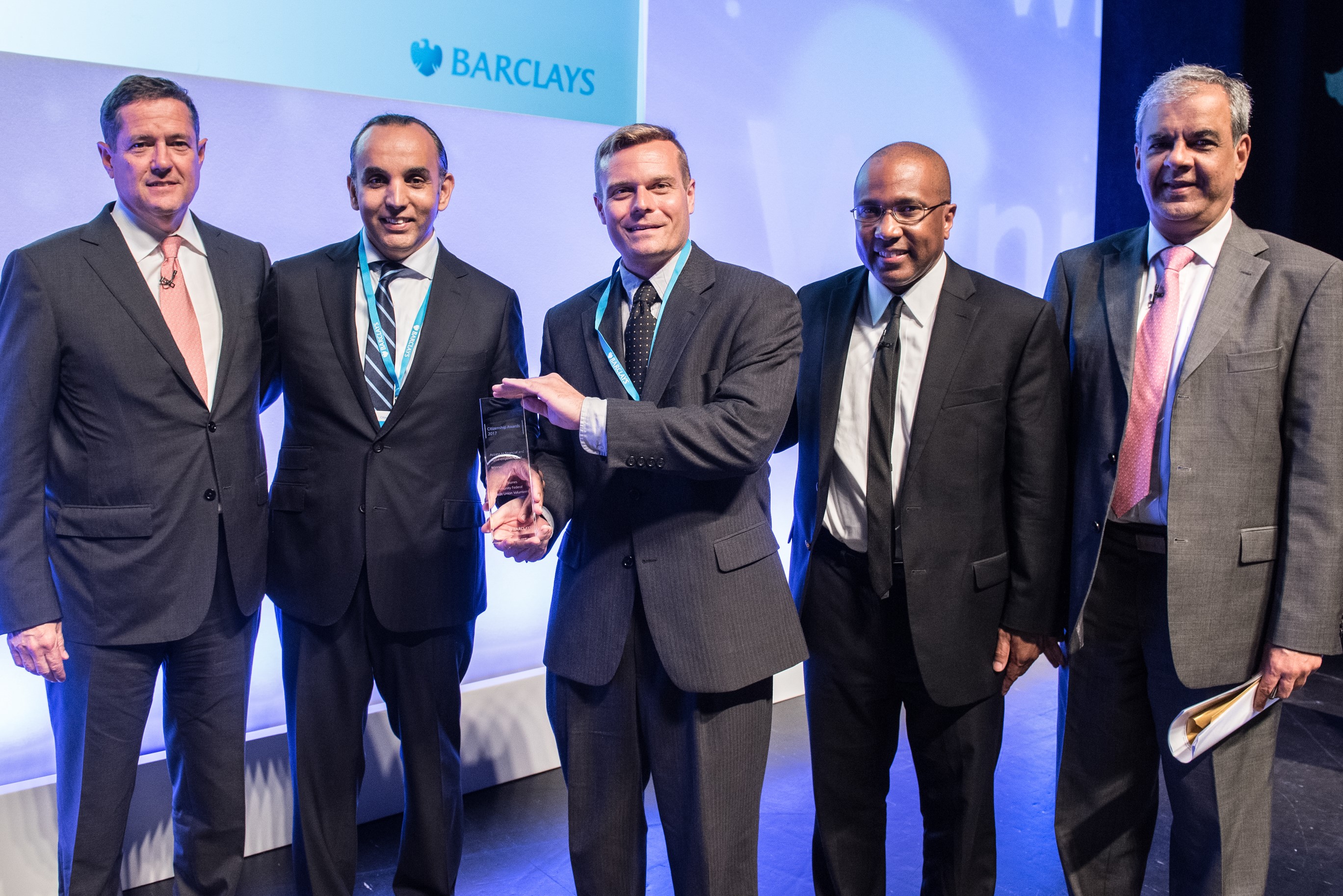 Jes Staley, Barclays group chief executive; Barclays awardees Adam Allomar and John Elasic; DSU President Harry L. Williams; and Ashok Vaswani, chief executive officer, Barclays UK. 