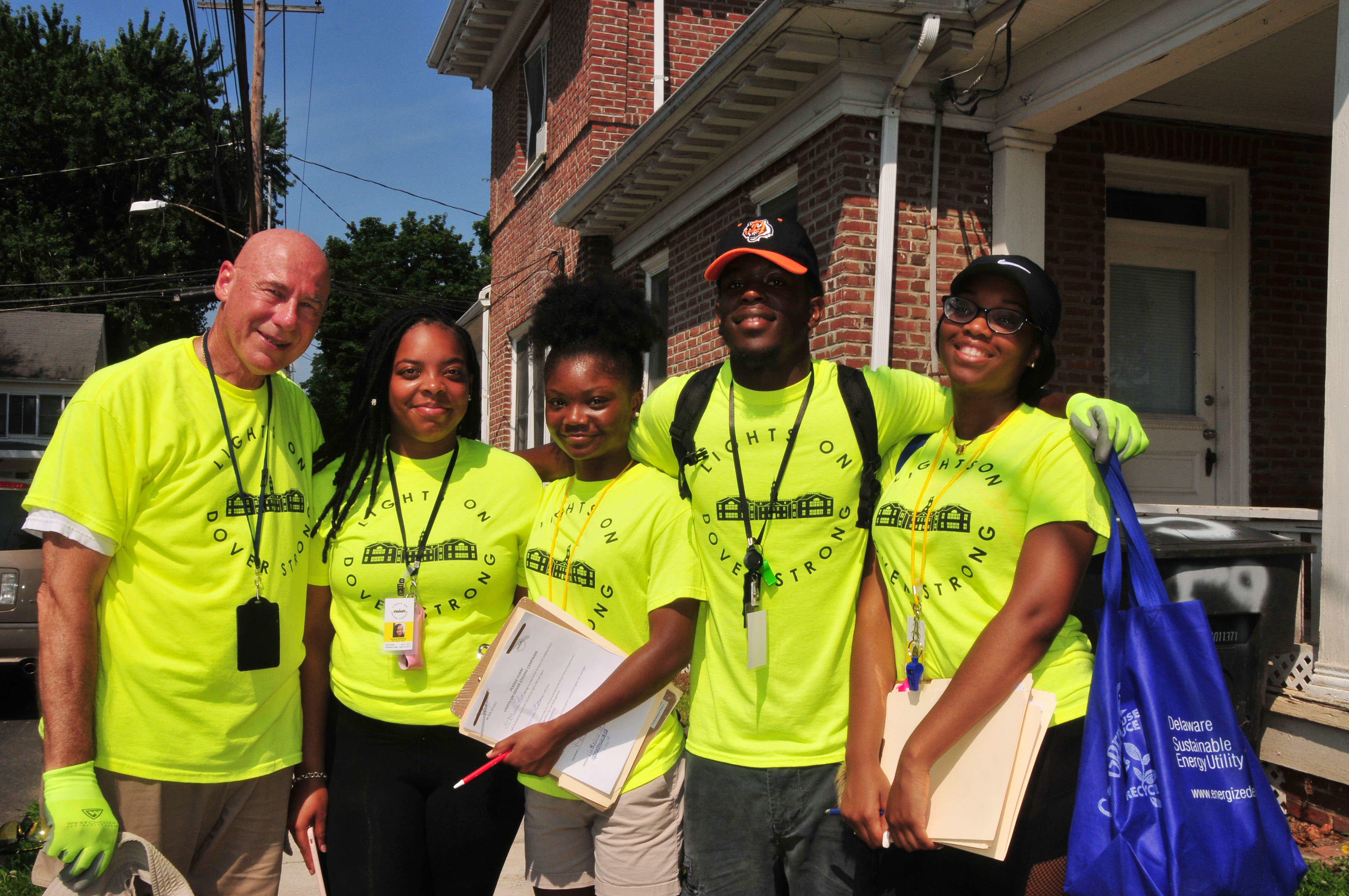 (L-r) Lights on Dover Strong Program team -- Charles Kistler, executive director of the HELP Initiative, with DSU students Danielle McAllister, Dashayna Brown, Eric Wright and Rich Kotter. The team is making a crime-challenged area of Dover safer. 