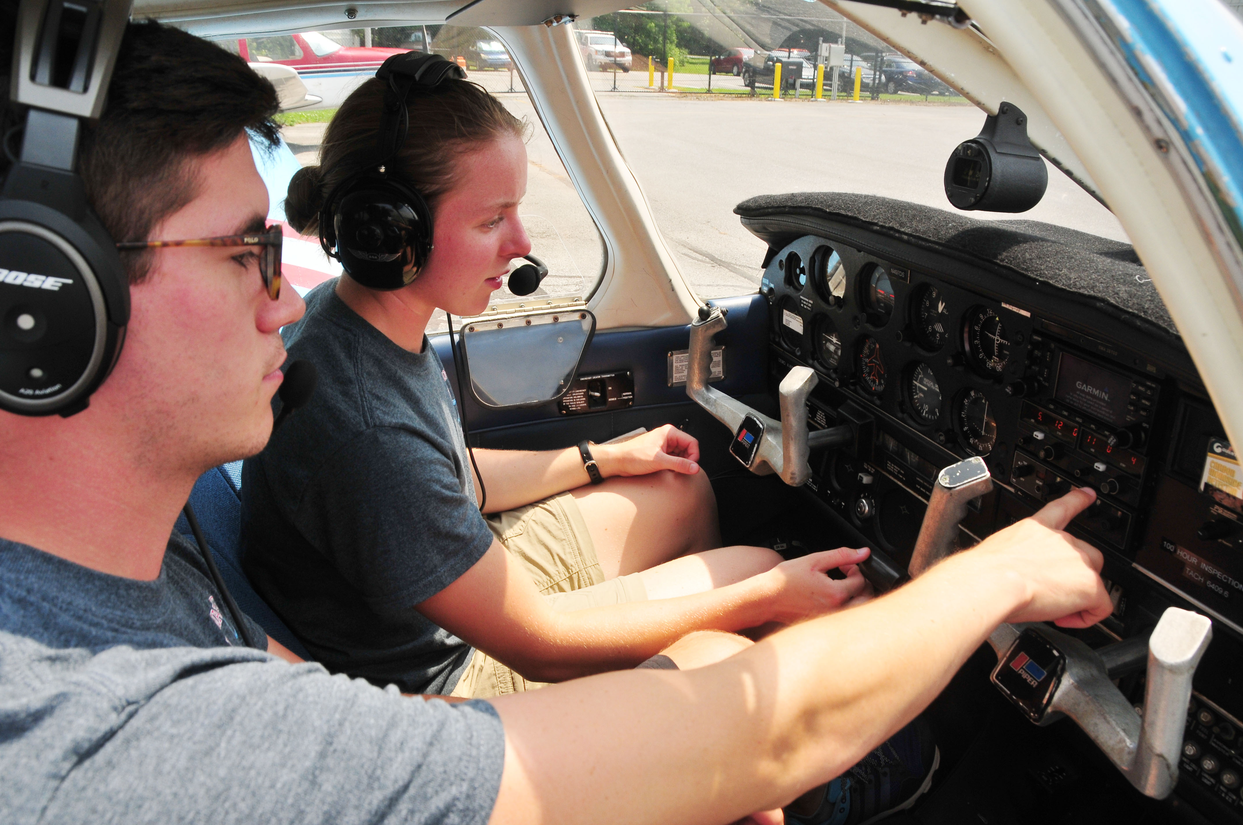 Cadet Capt. Erin Dundas received cockpit instruction from DSU Aviation instructor Mark Ramos.