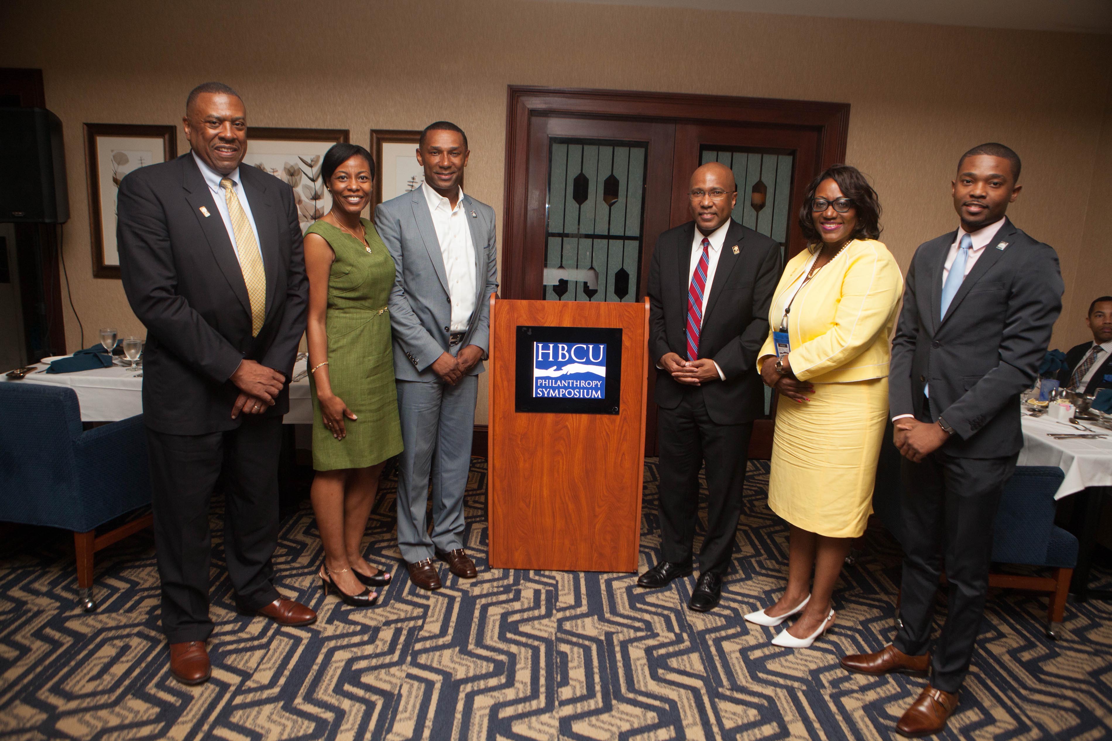 (L-r) DSU alumnus and Board of Trustees member John Ridgeway, TMCF Senior VP Emily Dickens, TMCF President and CEO Johnny C. Taylor, DSU President Dr. Harry L. Williams, DSU Institutional Advancement VP Dr. Vita Pickrum, and TMCF Assistant to the President Tony Hunter. (TMCF -- Thurgood Marshall College Fund).