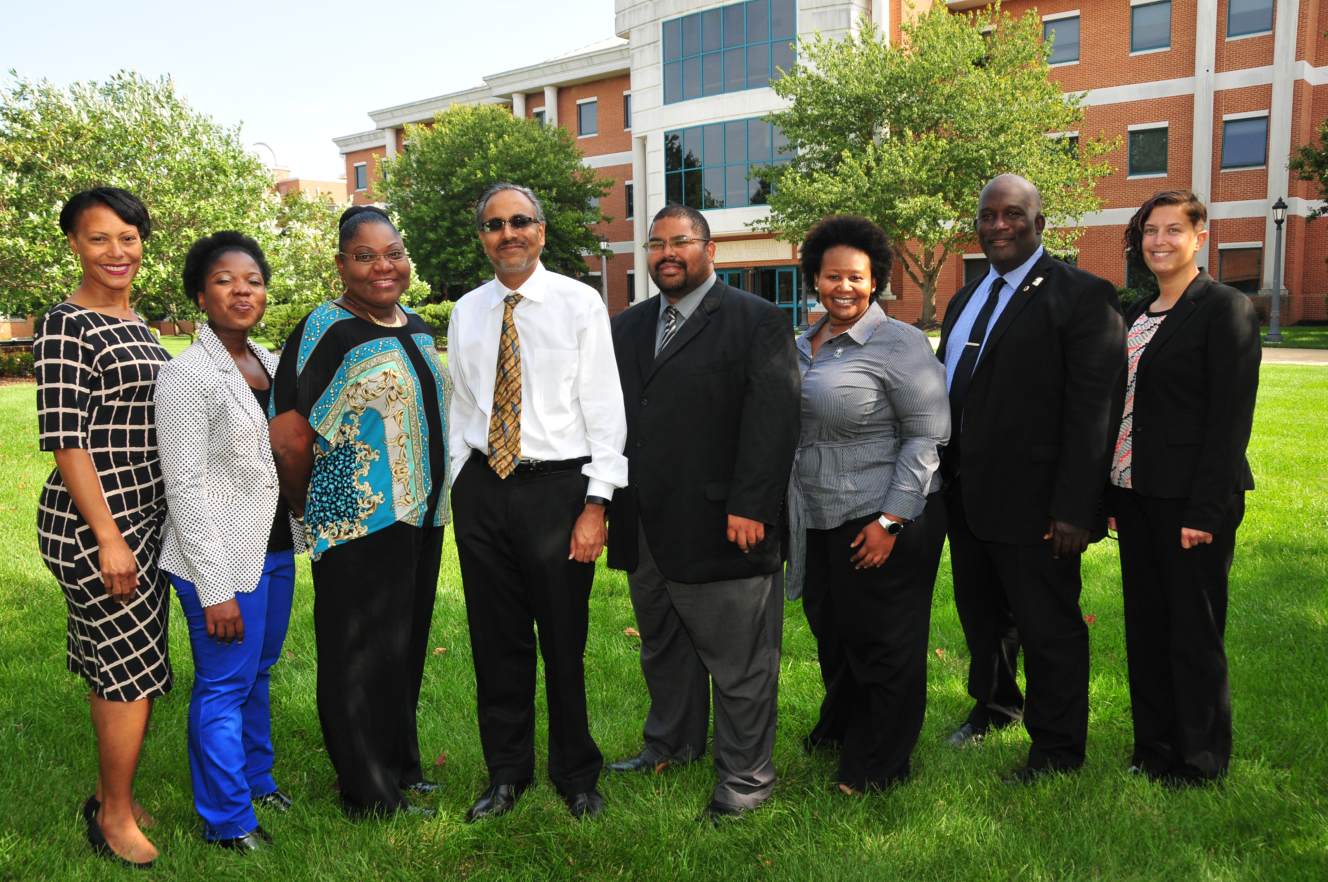 (L-r) Dr. Clytrice Watson, former PI, Dr. Anthea Aikins, Dr. Gwendolyn Scott-Jones, Dr. Venu Kalavacharla, Co-PI, Dr. Marcel Poe, Co-PI, Dr. Delayne Johnson, Co-PI, Dr. Charlie Wilson, PI, and Dr. Kylie Parrotta, Co-PI. Key personnel missing: Dr. Cherese Winstead-Casson, Dr. Bill Means. 