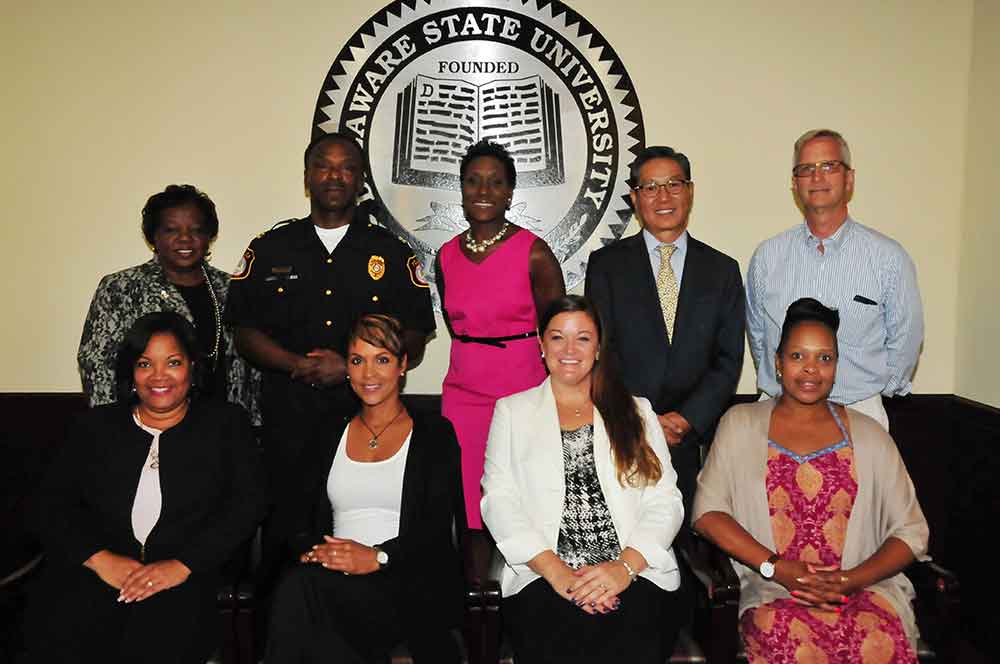 DSU Diversity and Inclusion Task Force members: (l-r, bottom) Pamela Mosley Gresham (chairwoman), Dawn Mosley, Jordin Williams, Trinette Fonseca; (top) Irene Chapman-Hawkins, Capt. Vincent Shipman, Dr. Francine Edwards, Dr. Young-Sik Kwak, and Dr. Donald Becker. Missing: Ann Knettler-Smith, Kevin Noriega, Dr. John Rich, Candy Young, Micah Parker, Dr. Stacy Downing, Dr. Rathee Nirmaljit and David Sheppard.