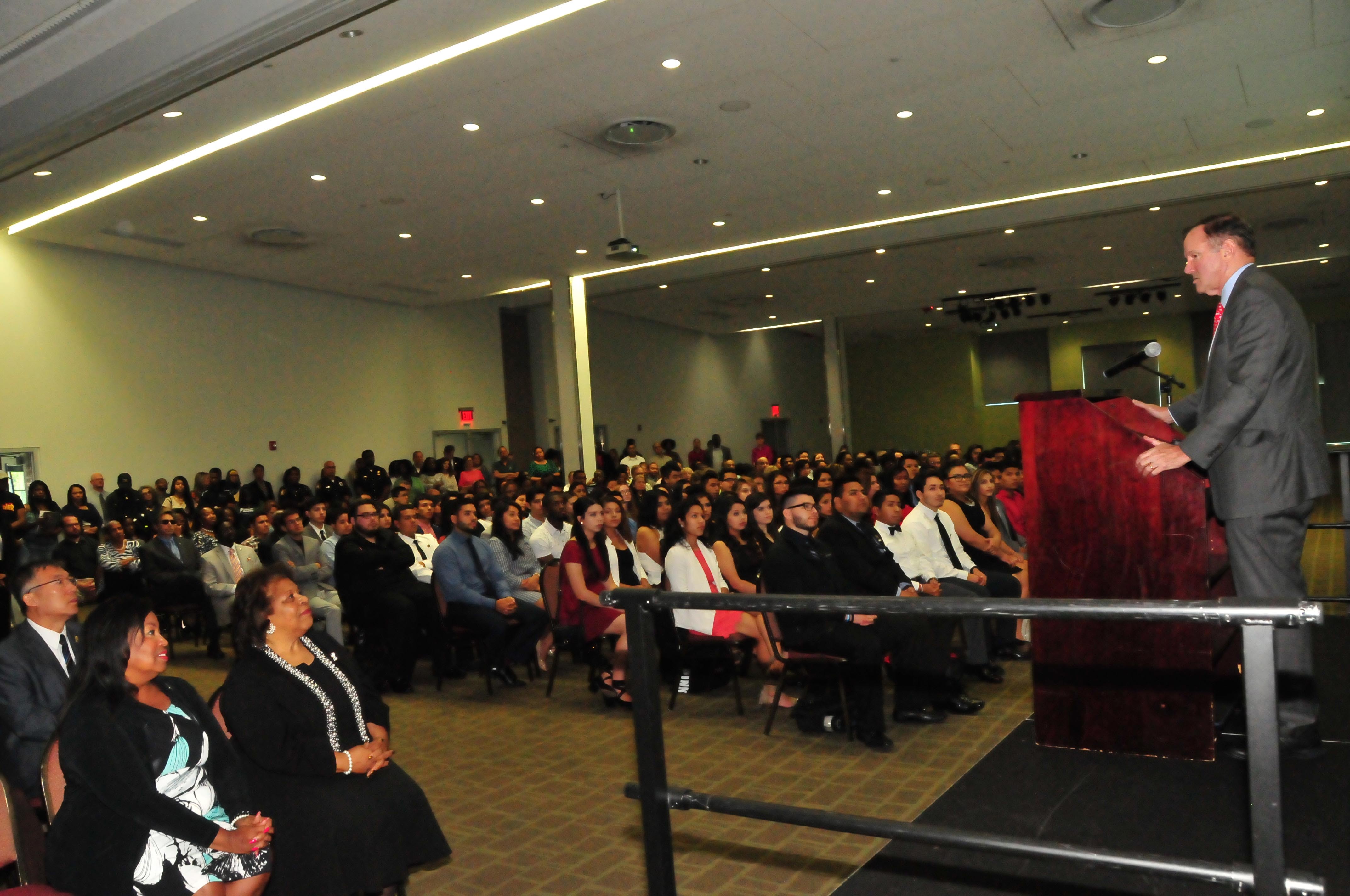 Donald Graham -- founder of TheDream.US and the Opportunity Scholarship -- addresses a large assembly of the Dreamers, DSU board members, administrators, faculty, staff and students during the Sept. 8 program.