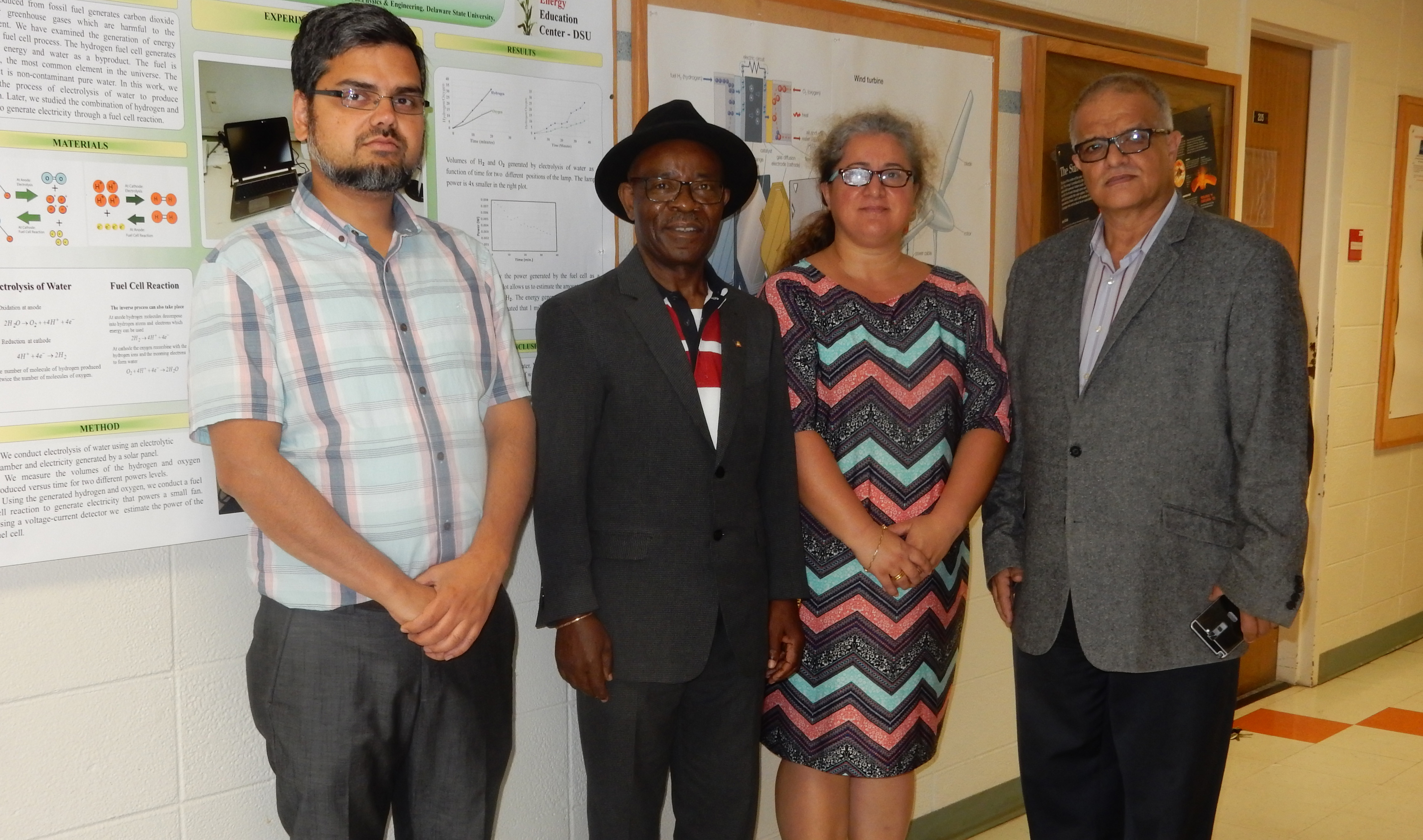 (L-r) Co-principal investigators Dr. Amir Khan, Dr. Gabriel Gwanmesiia, Dr. Gulhihal Ozbay, and principal investigator Dr. Aristides Marcano will use the NSF grant to establish a renewable energy engineering academic concentration at DSU.