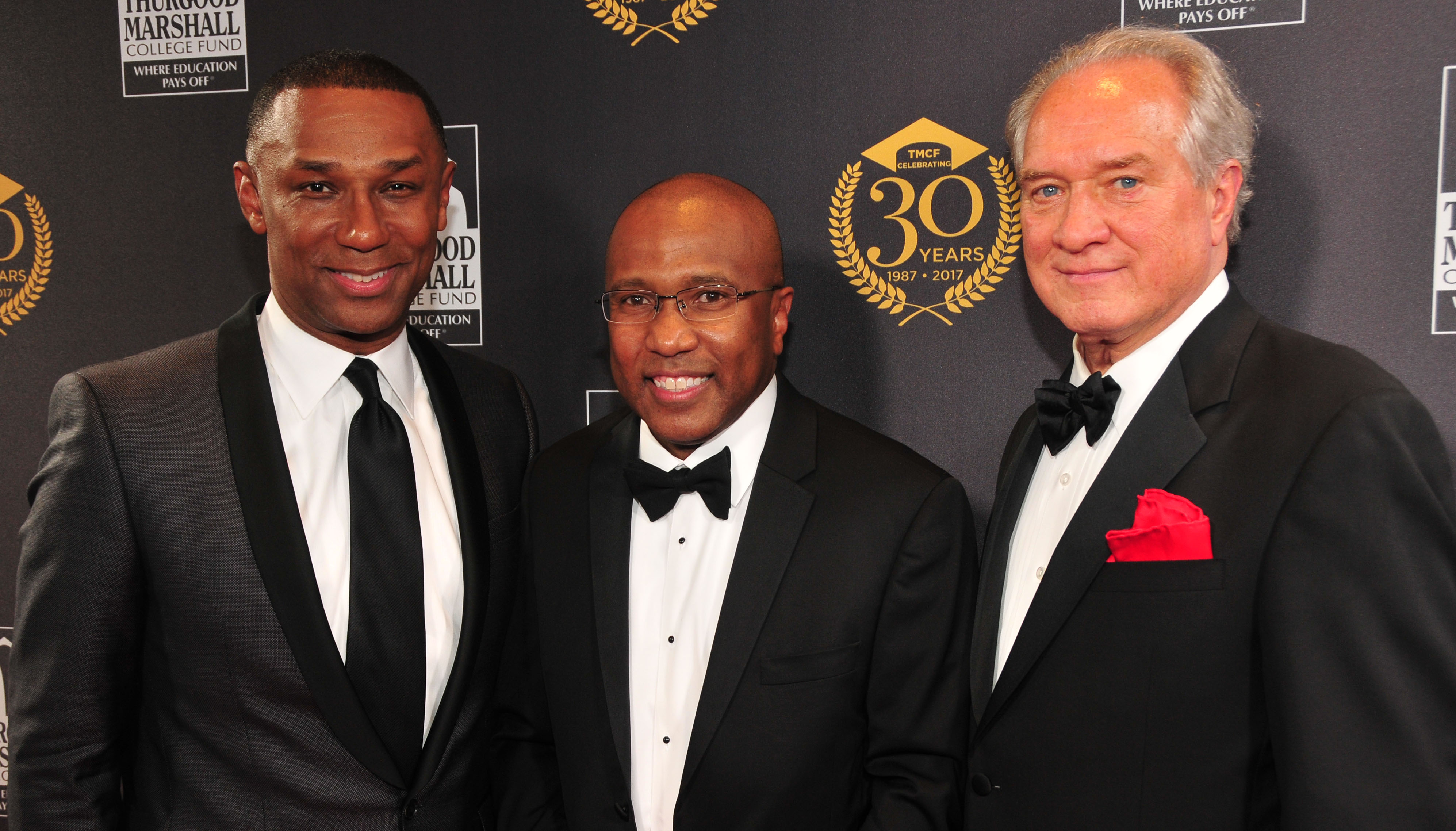(L-r) Dr. Johnny C. Taylor Jr., outgoing TMCF CEO/president; Dr. Harry L. Williams, outgoing DSU president and newly elected TMCF CEO/president; and Jim Clifton, TMCF Board of Directors chairman and Gallup CEO. The three posed together for a photo during the Oct. 23 Thurgood Marshall Awards Gala, where Dr. Williams' new career chapter was announced.