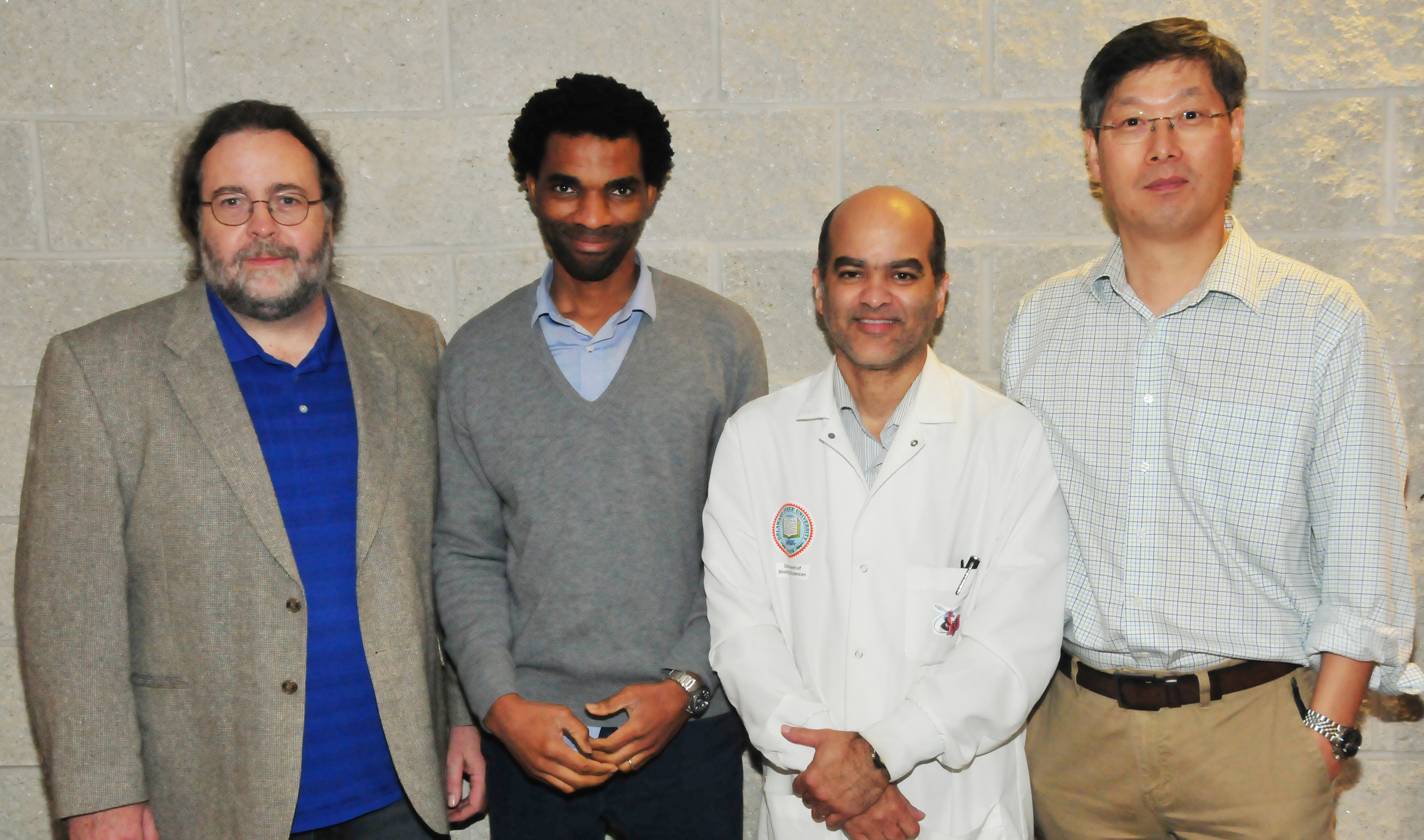 (L-r) Dr. Michael Gitcho, associate professor and principal investigator of the grant; along with co-PIs Dr. Hakeem Lawal, associate professor; Dr. Karl Milleti, associate professor; and Dr. Y. Hwan Kim, associate professor -- all biological sciences researchers -- have jointly received a $252,639 National Science Foundation Instrumentation Grant.