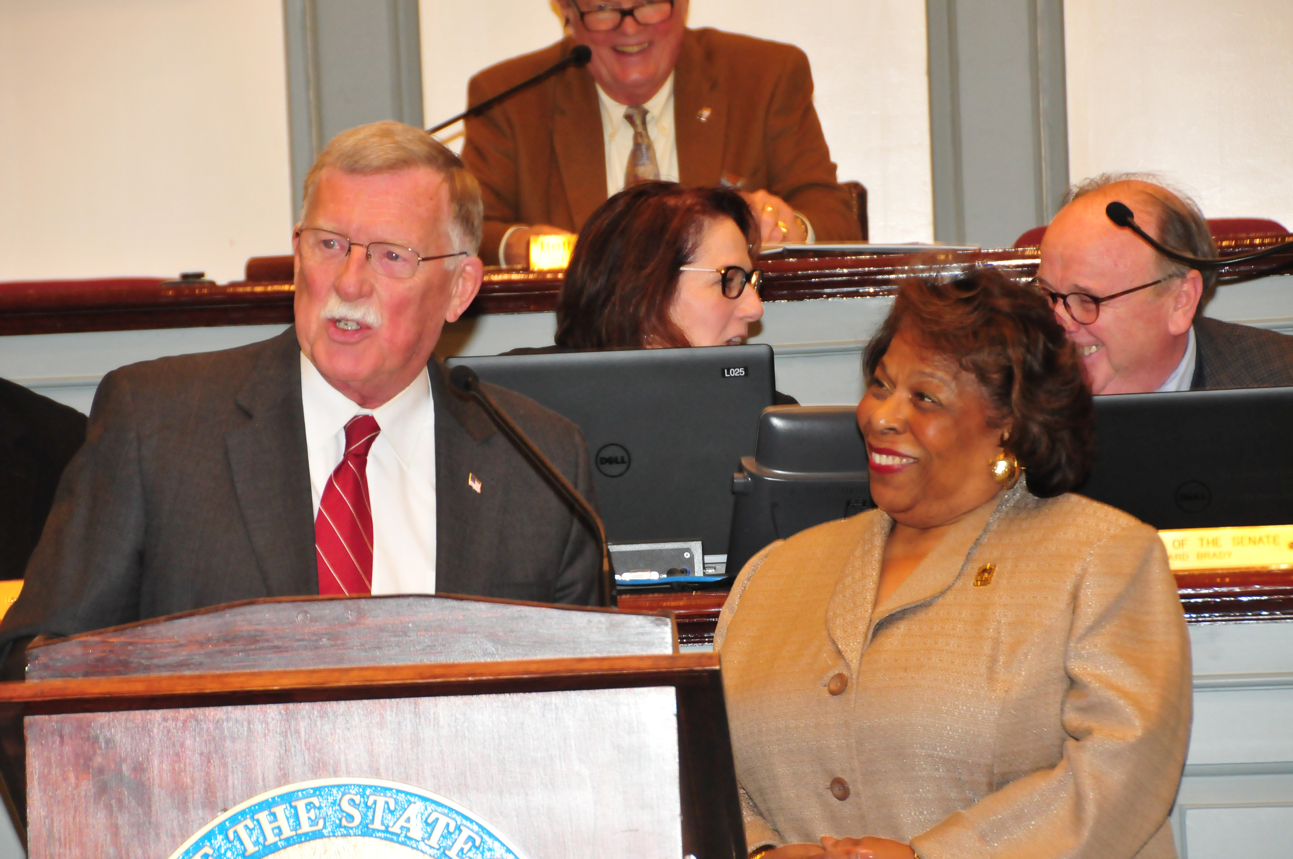 State Sen. Brian Bushweller presents a formal tribute in honor of interim DSU President Wilma Mishoe during the Jan. 25 session of the Delaware Senate.