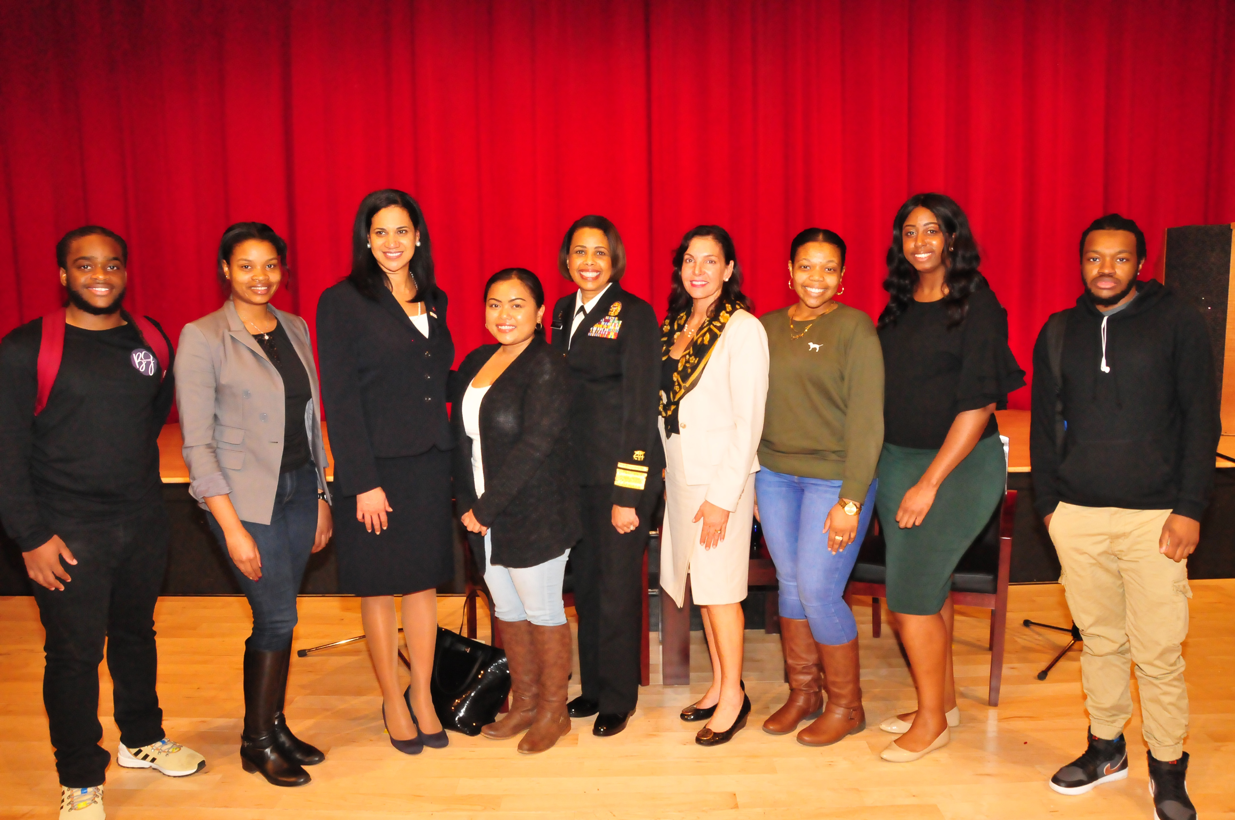 Deputy U.S. Surgeon General Dr. Sylvia Trent-Adams (center in military uniform) poses with DSU students. Two persons to the left of Dr. Trent-Adams is Delaware Secretary of Health and Social Services Dr. Kara Odom-Walker. 