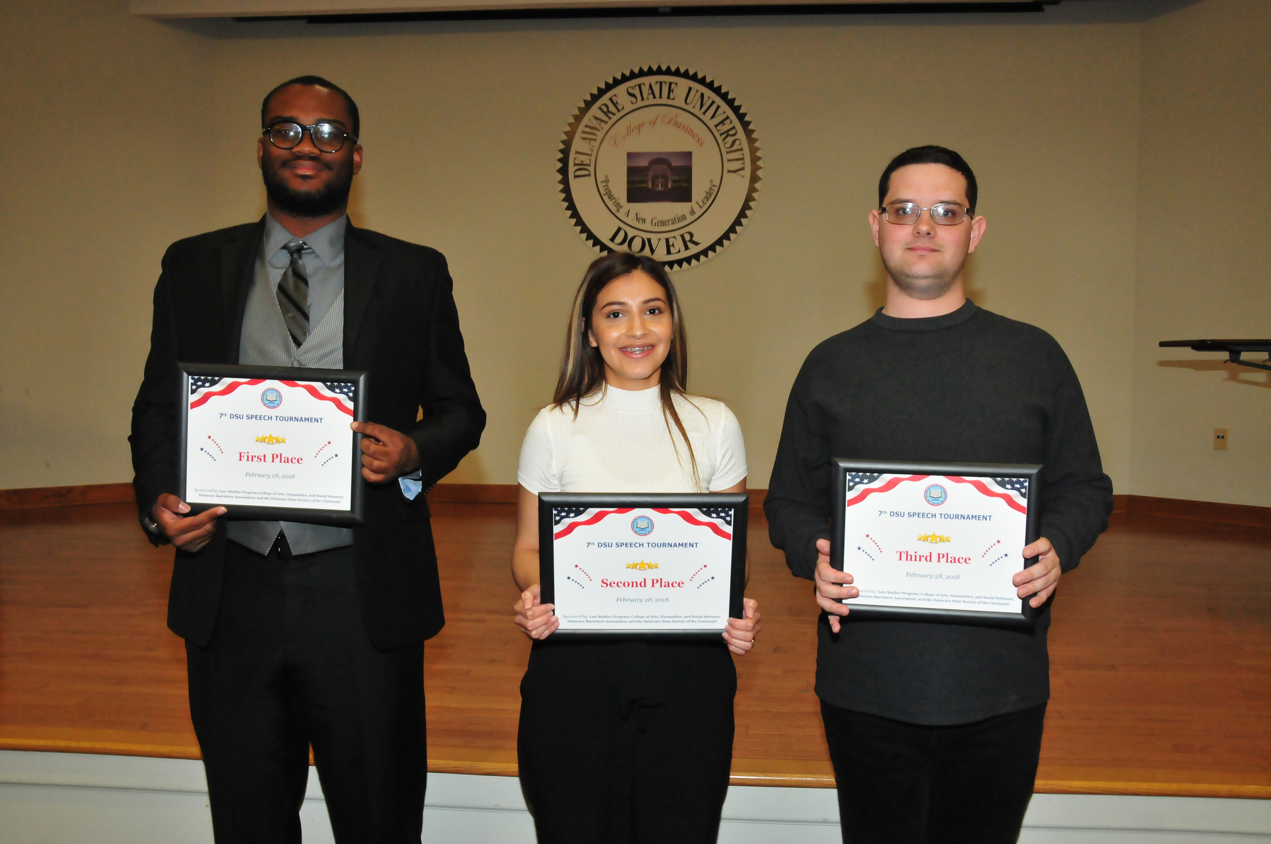 2018 Speech Tourney winners: Reginald Daniel II (1st place), Jessica Garcia Rio (2nd place) and Gary Hall (3rd place)