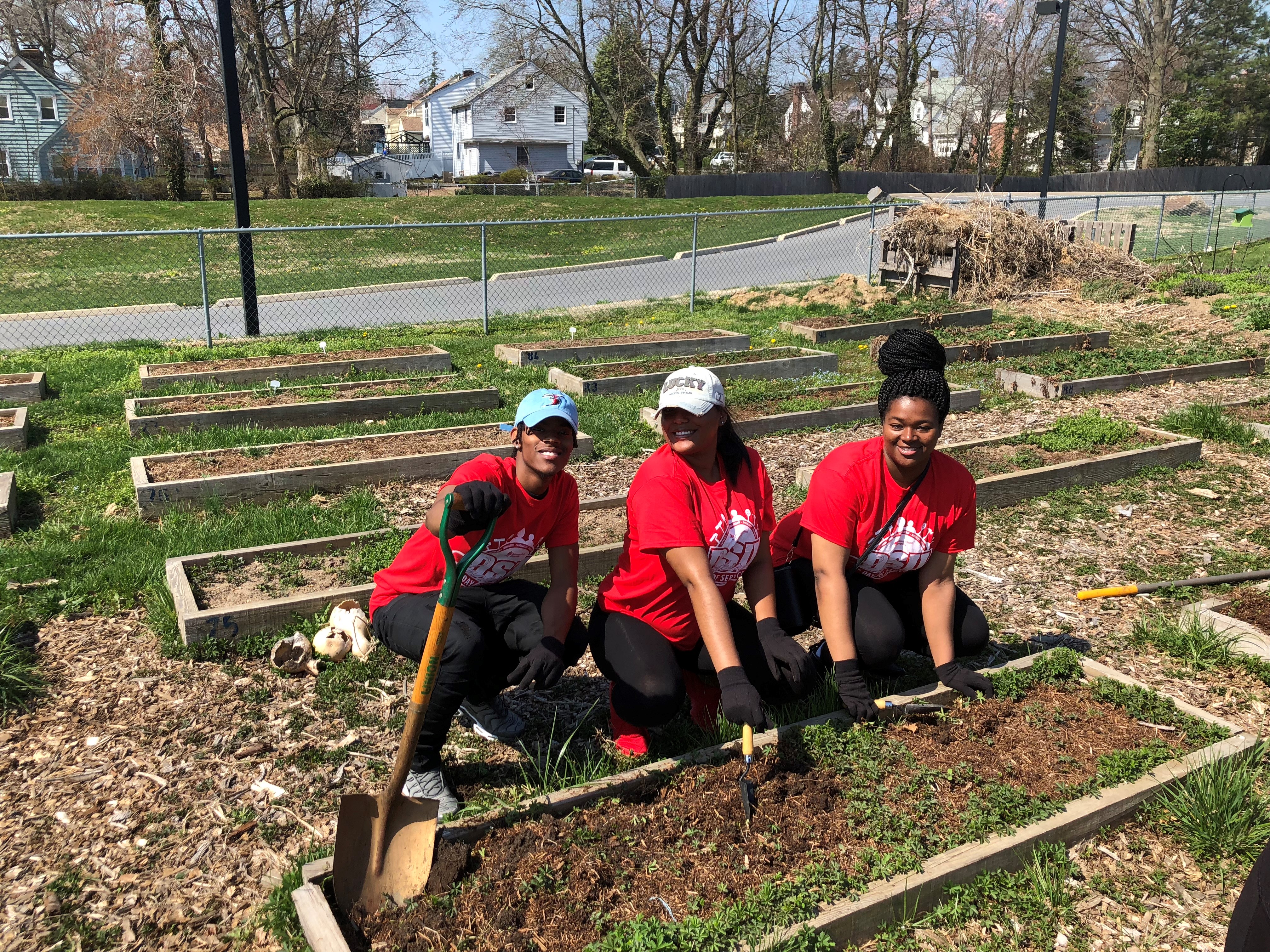 A trio of DSU students work on a garden area of the Bellevue Community Center in Wilmington as part of DSU's annual community service day.