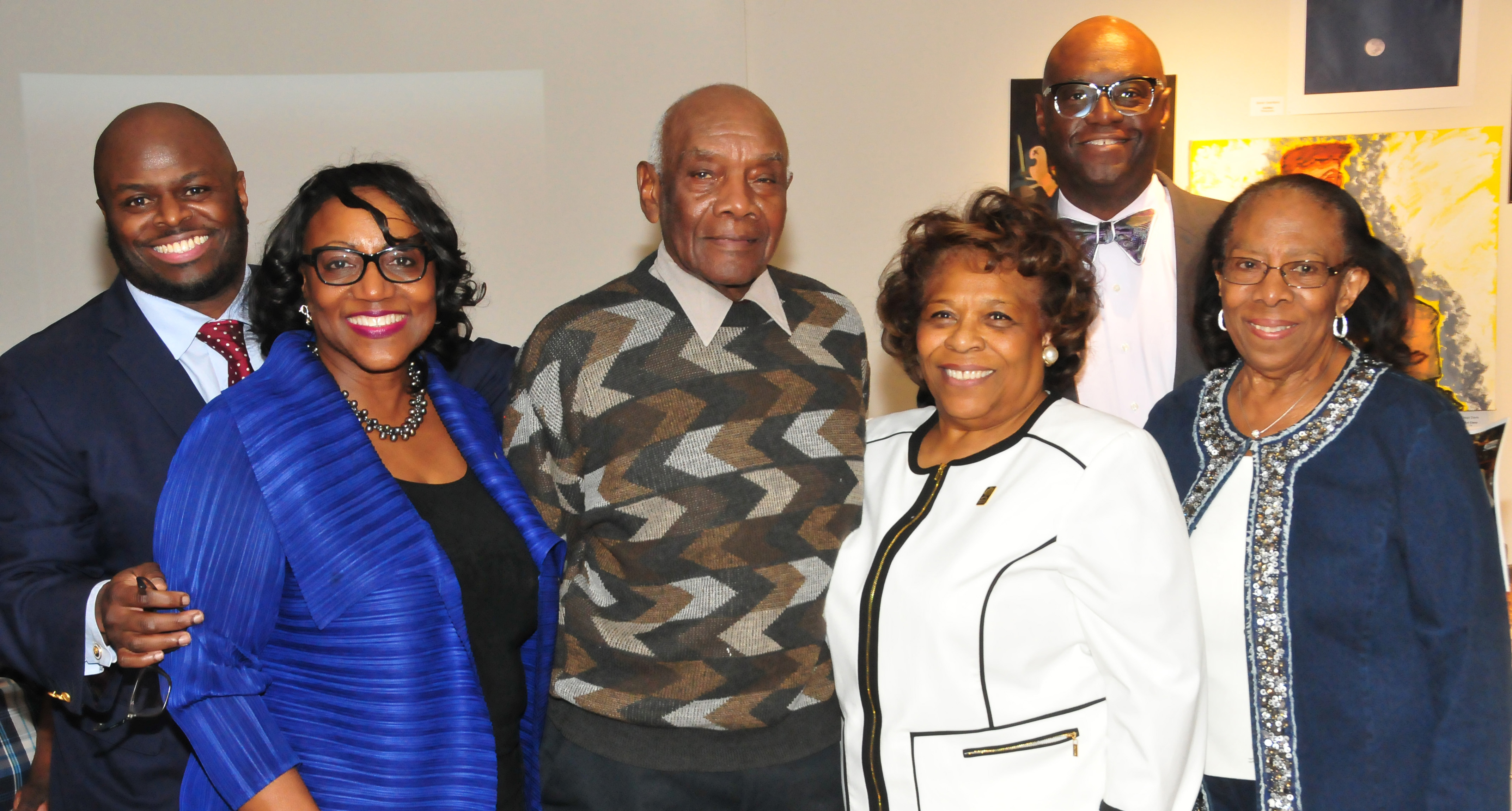 (L-r) Provost Tony Allen, Institutional Advancement VP Vita Pickrum, Douglas Gibson, DSU Acting President Wilma Mishoe, DSU Trustee John Allen and DSU alumna Reba Hollingsworth gather at a reception in honor of Mr. Gibson and his hand-carved duck art. Mr. Gibson donated 10 works to the University.