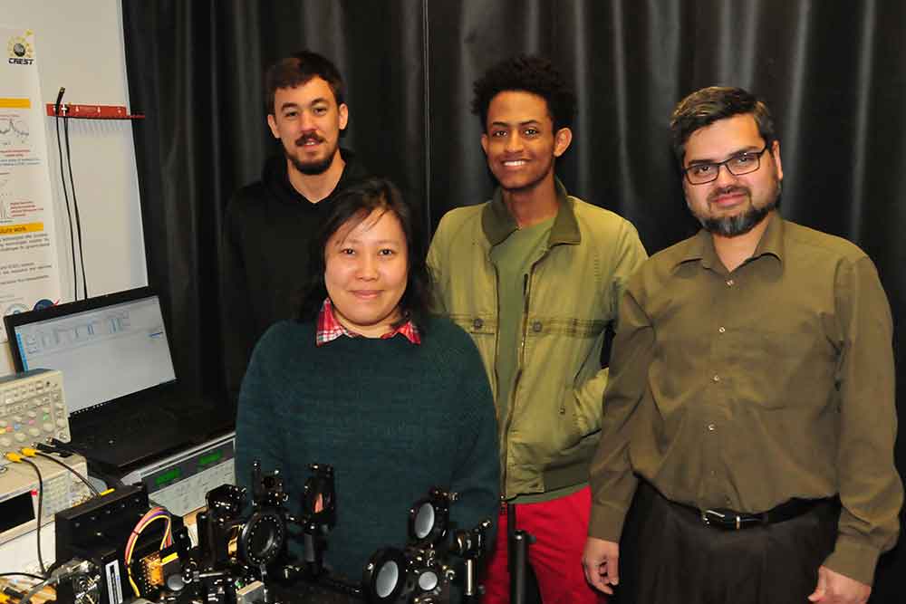 Chemical/Biological Warfare Sensor researchers: (l-r) Caio Azevedo, May Hlaing, Luil Menberu, and Dr. Mohammed Khan.