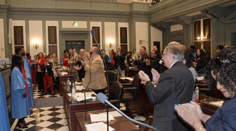 <p>The University&#039;s Concert Choir receives a standing ovation from the House of Representatives following an April 17 performance.</p>
