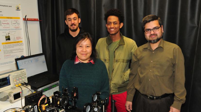 <p>Chemical/Biological Warfare Sensor researchers: (l-r) Caio Azevedo, May Hlaing, Luil Menberu, and Dr. Mohammed Khan.</p>
